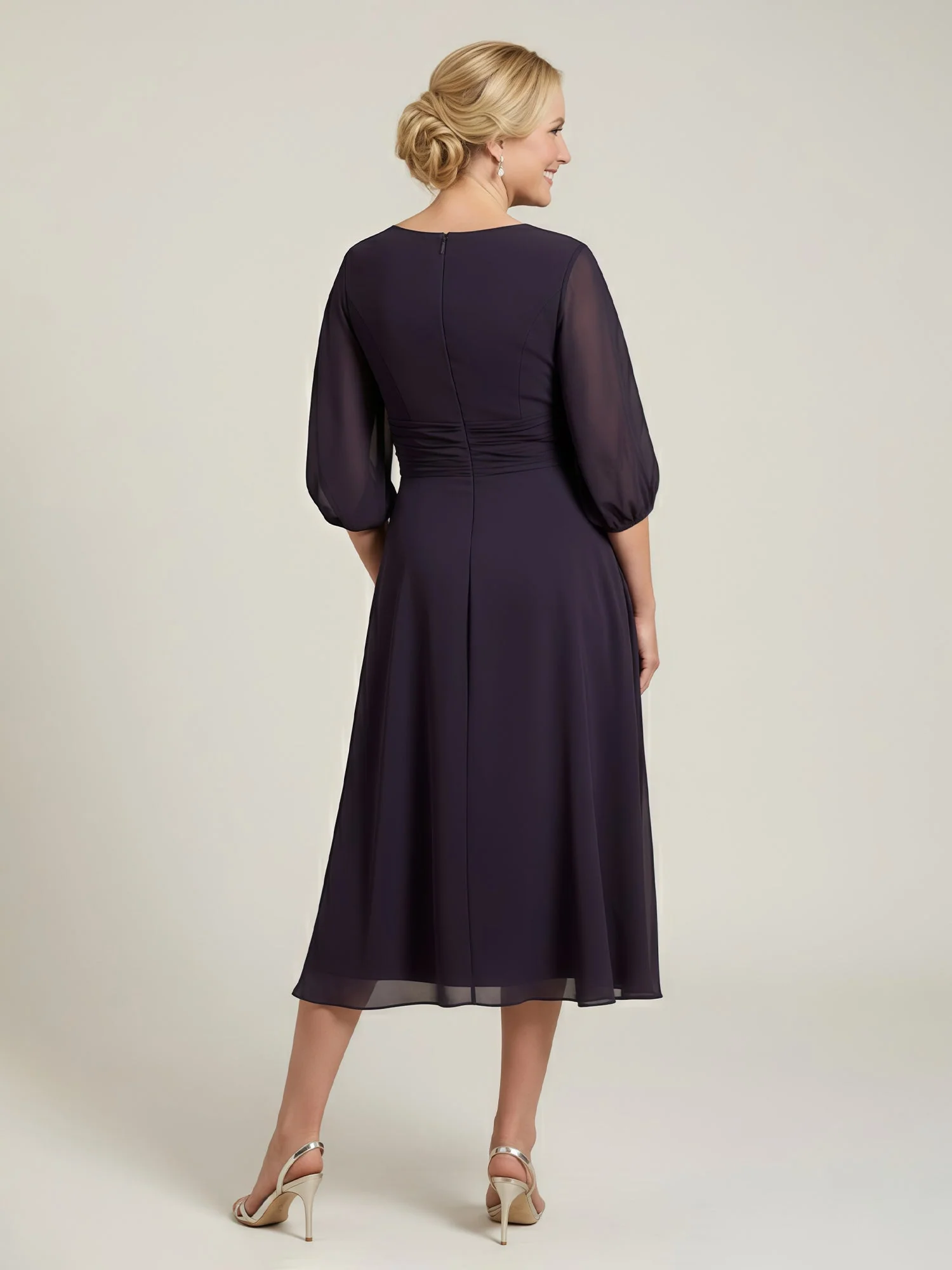 Pleated Scoop Neck 3/4 Sleeves Chiffon A-Line Dress Stormy - Image 2