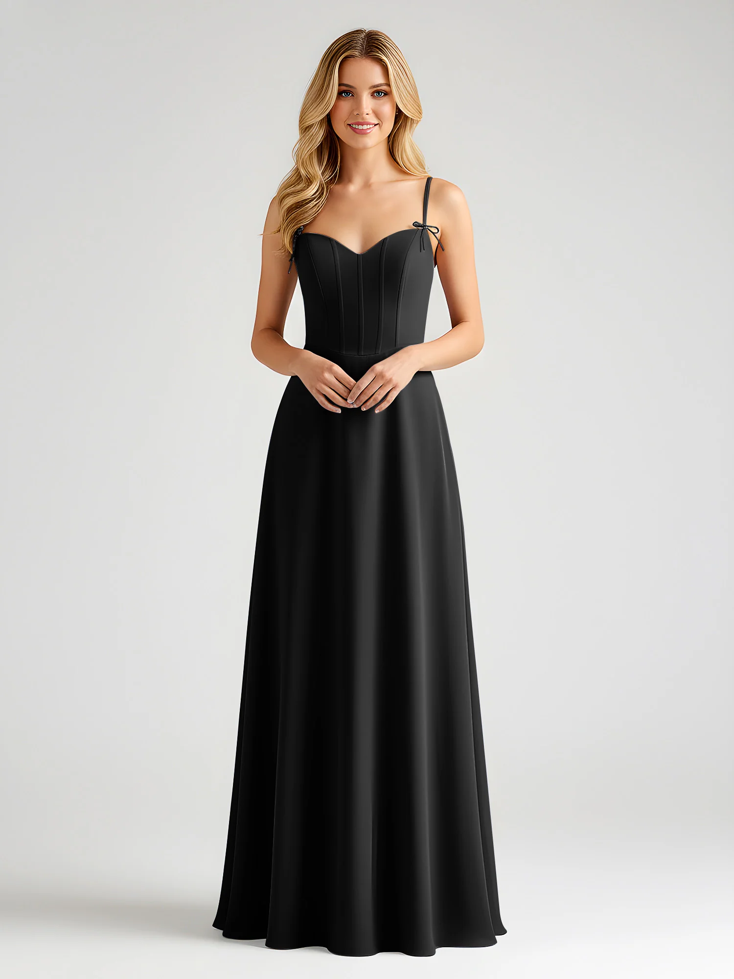 Spaghetti Strap A-Line Maxi with Bow Ties Black