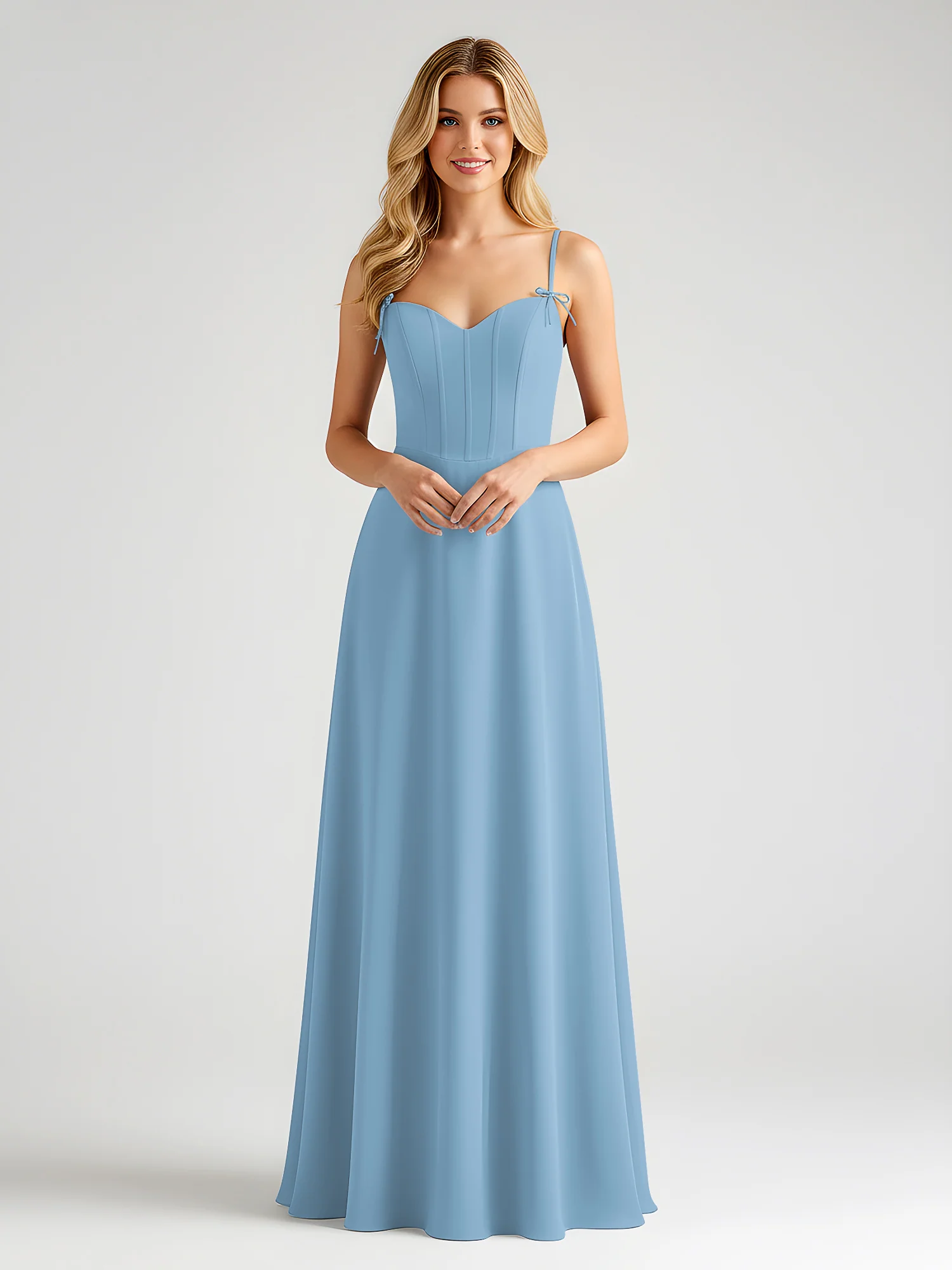Spaghetti Strap A-Line Maxi with Bow Ties Blue