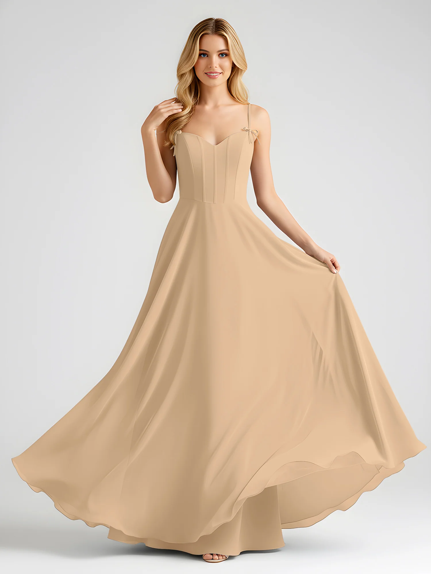 Spaghetti Strap A-Line Maxi with Bow Ties Champagne - Image 3