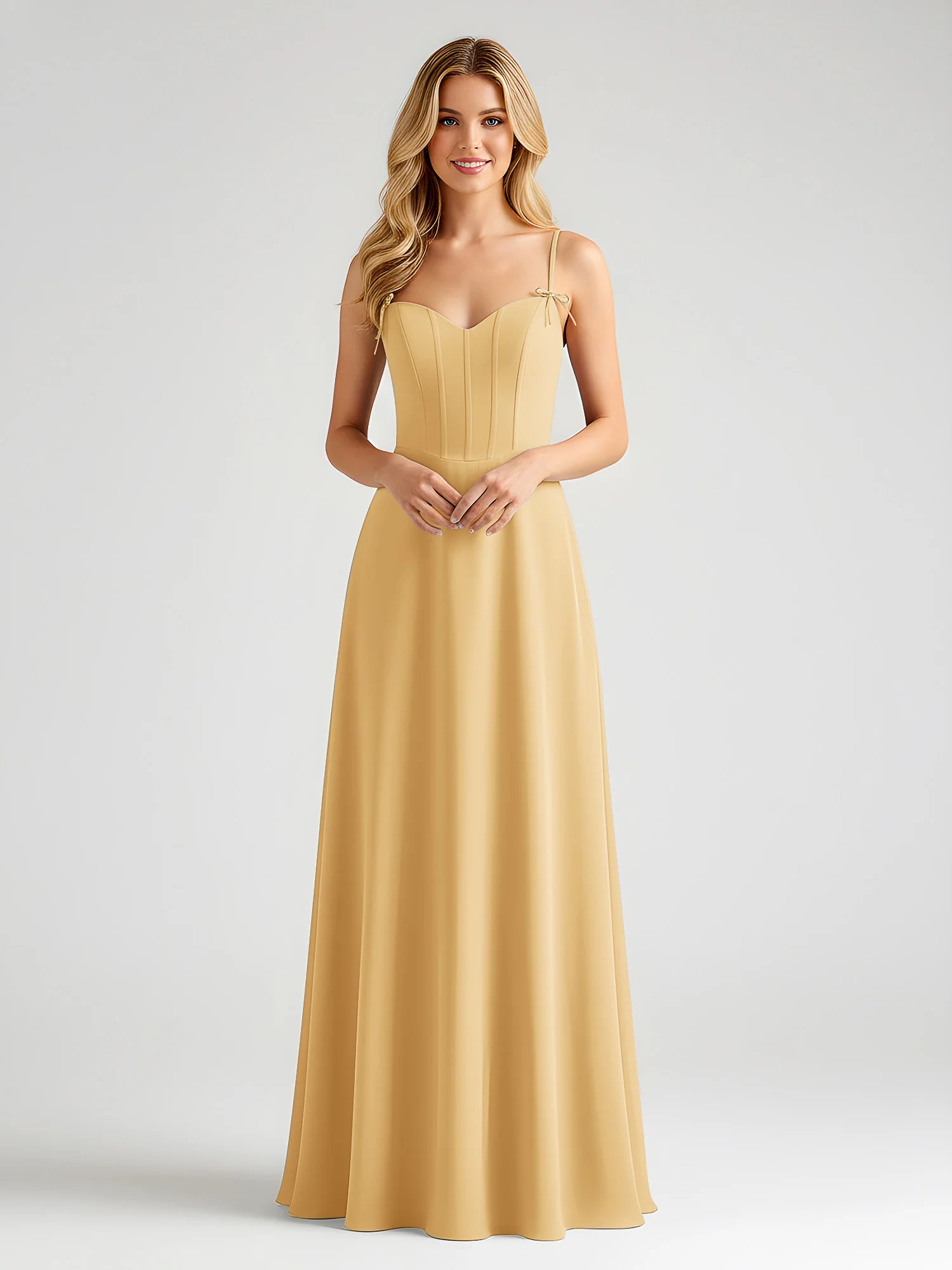 Spaghetti Strap A-Line Maxi with Bow Ties Gold