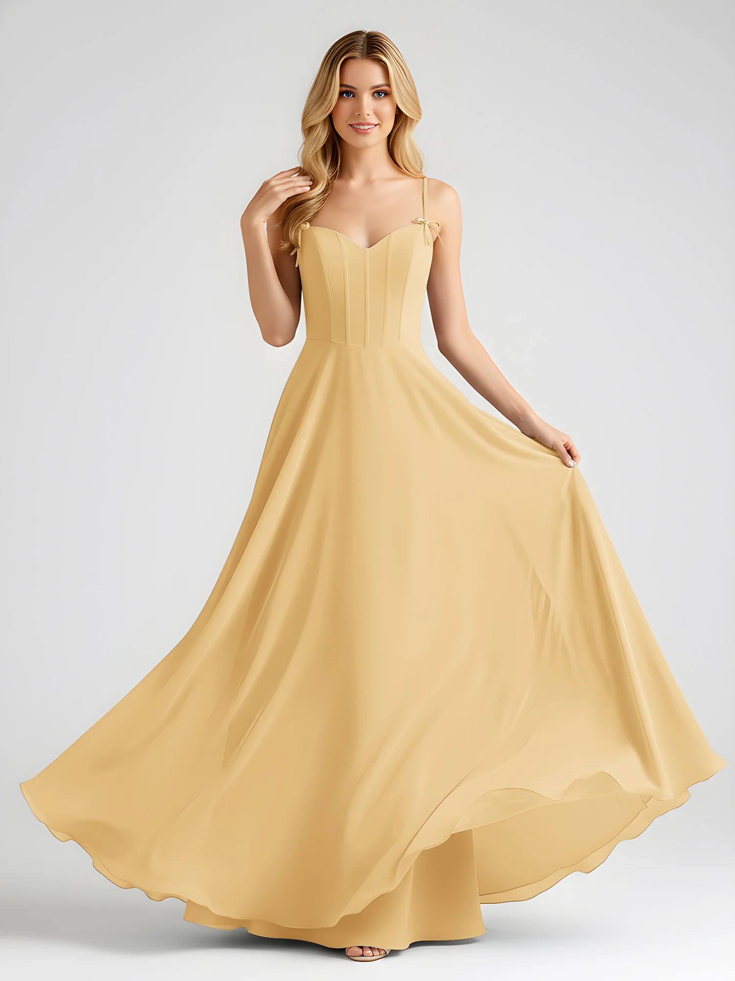 Spaghetti Strap A-Line Maxi with Bow Ties Gold - Image 3