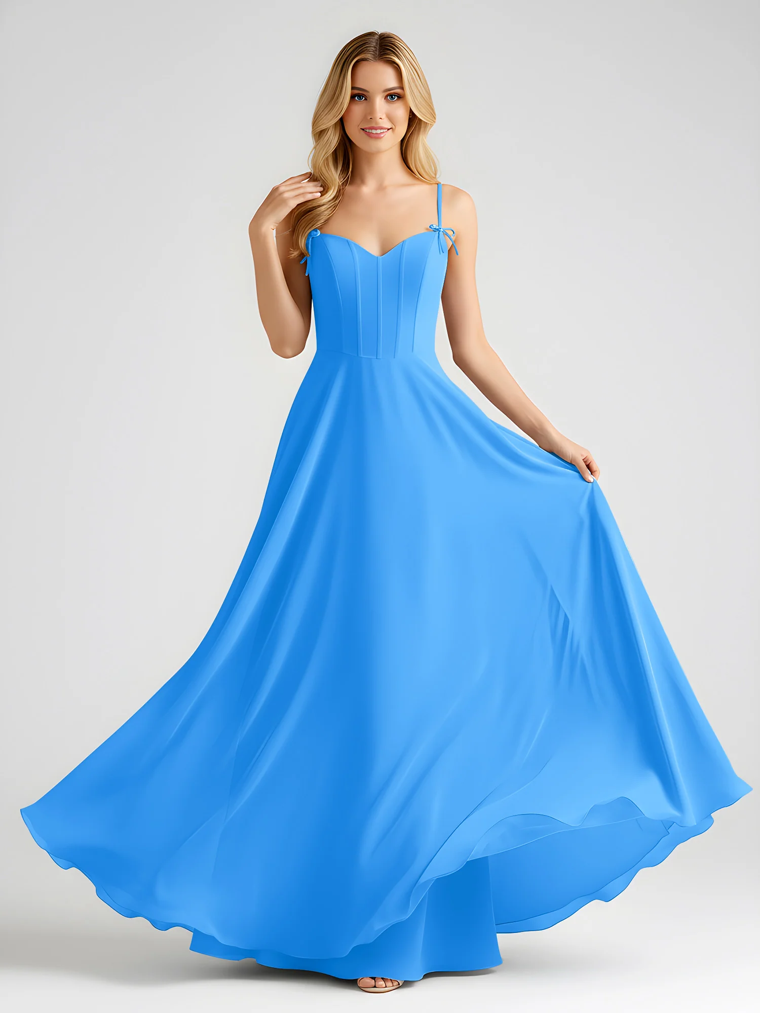 Spaghetti Strap A-Line Maxi with Bow Ties Ocean Blue - Image 3