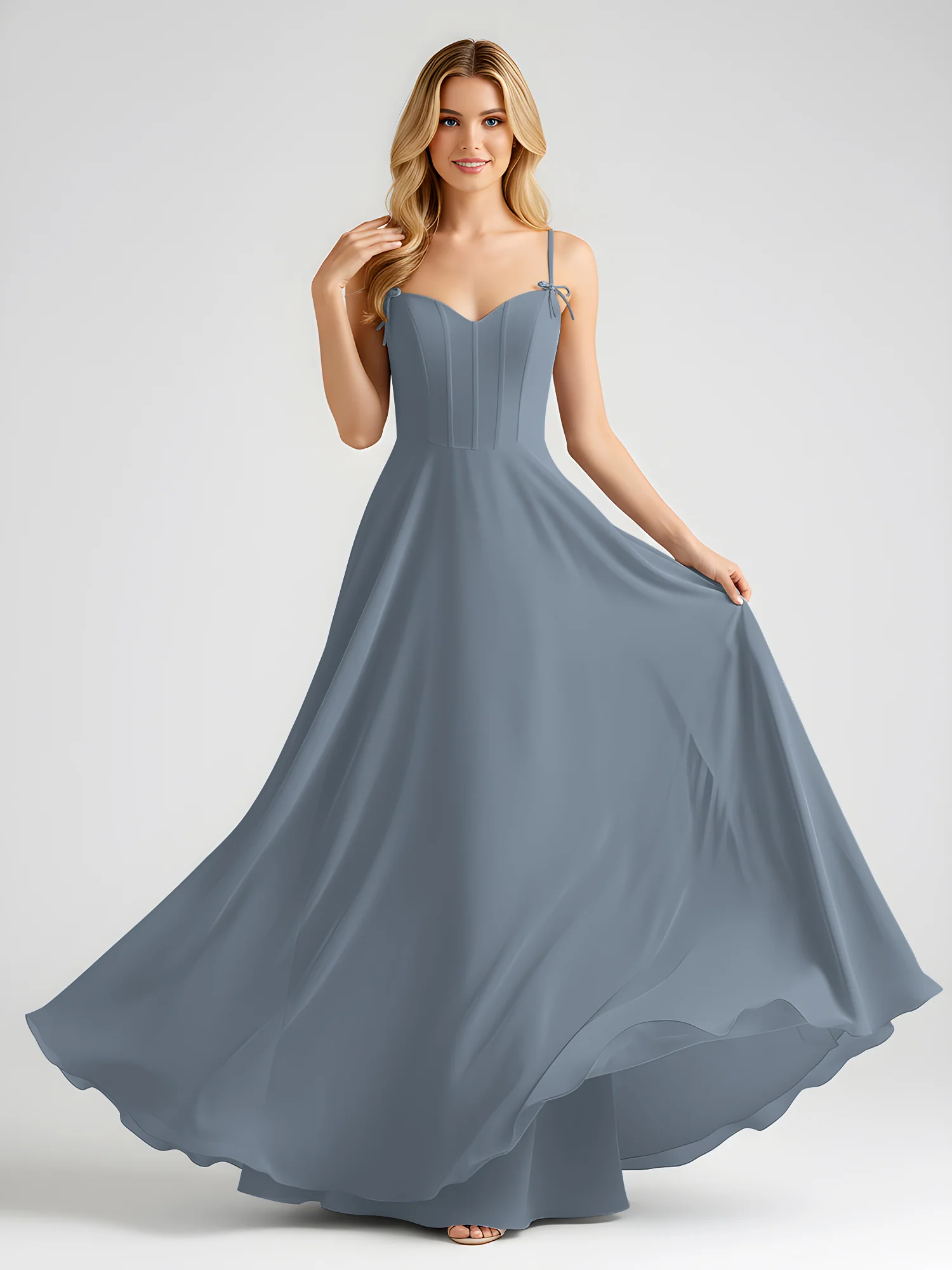 Spaghetti Strap A-Line Maxi with Bow Ties Slate Blue - Image 3