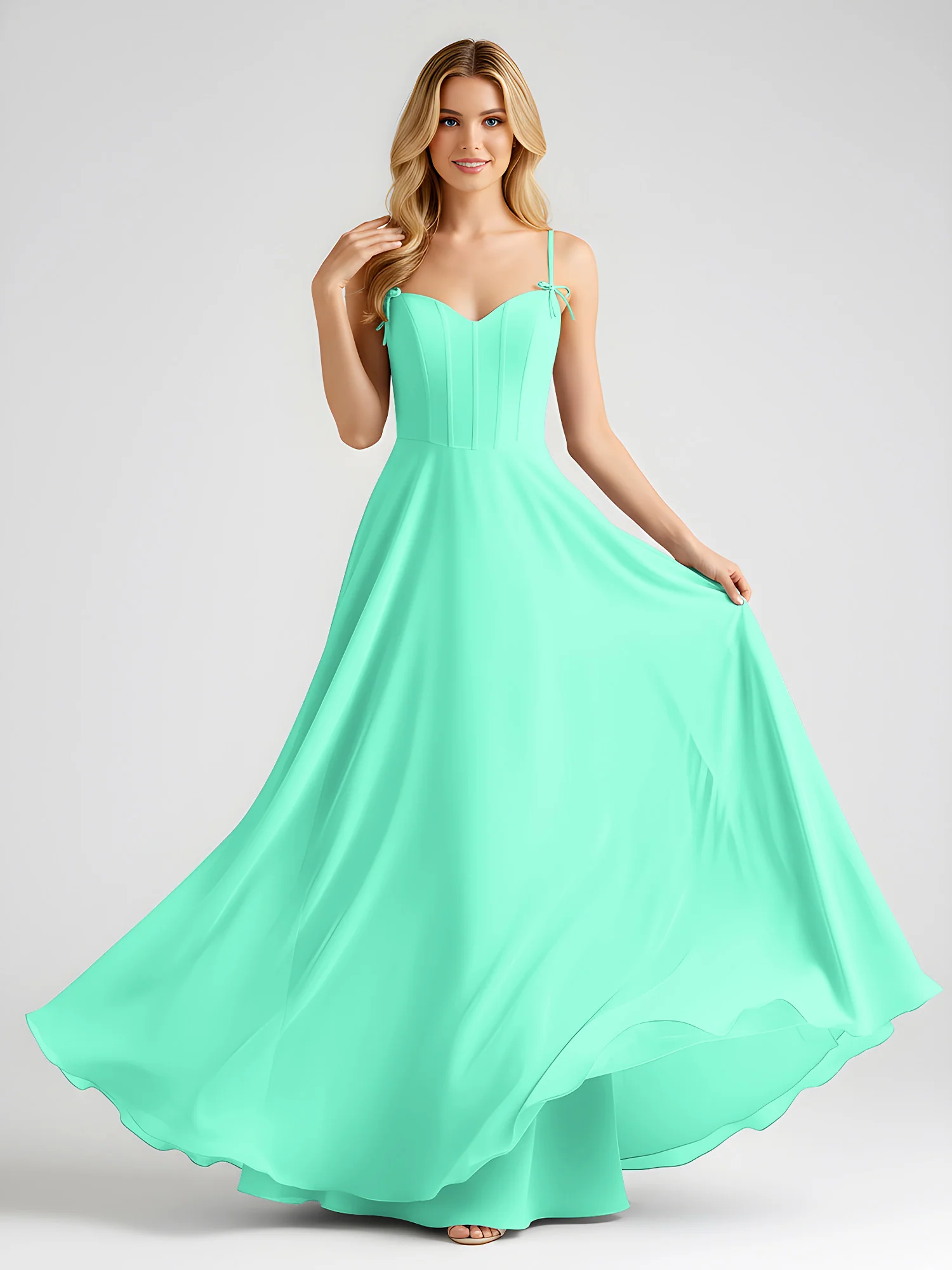 Spaghetti Strap A-Line Maxi with Bow Ties Turquoise - Image 3