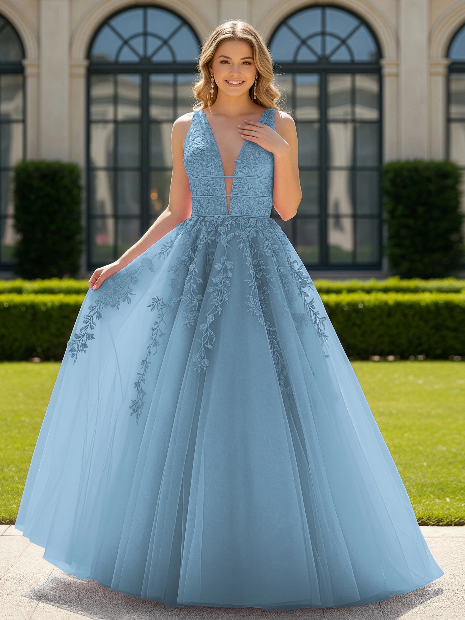 Appliqued Tulle Open Back Plunging V-Neck Prom Dress Blue