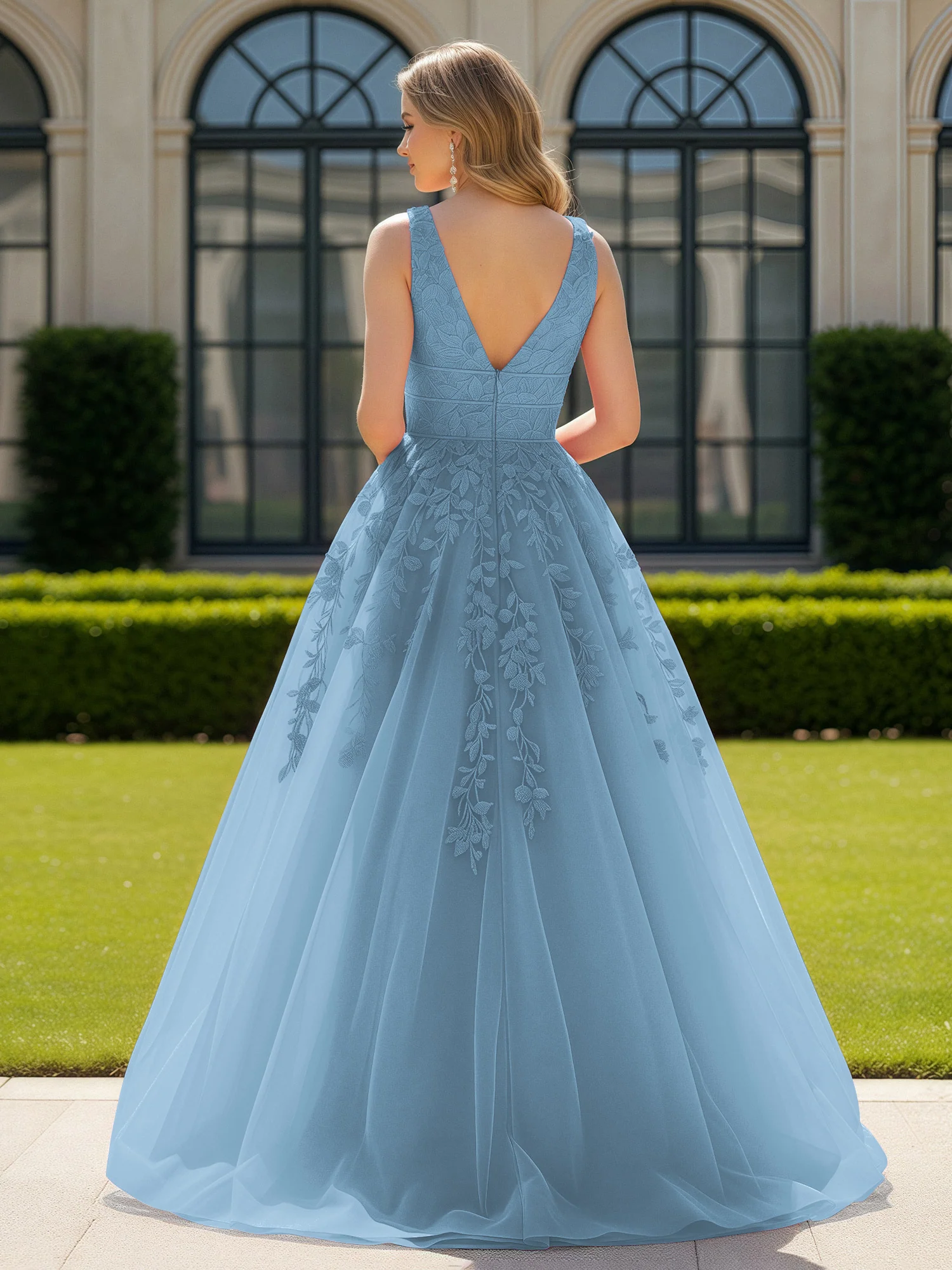 Appliqued Tulle Open Back Plunging V-Neck Prom Dress Blue - Image 2