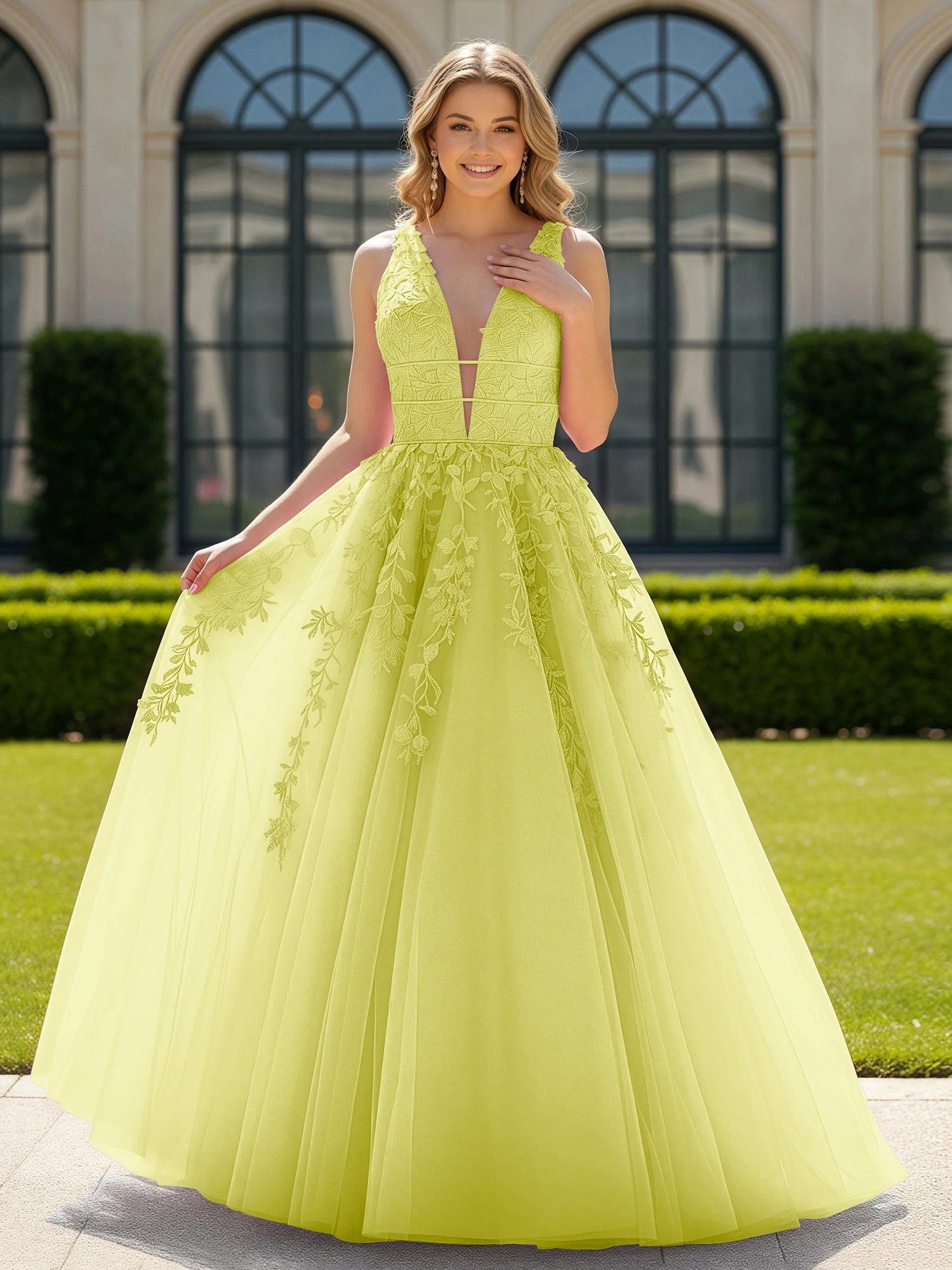 Appliqued Tulle Open Back Plunging V-Neck Prom Dress Daffodil
