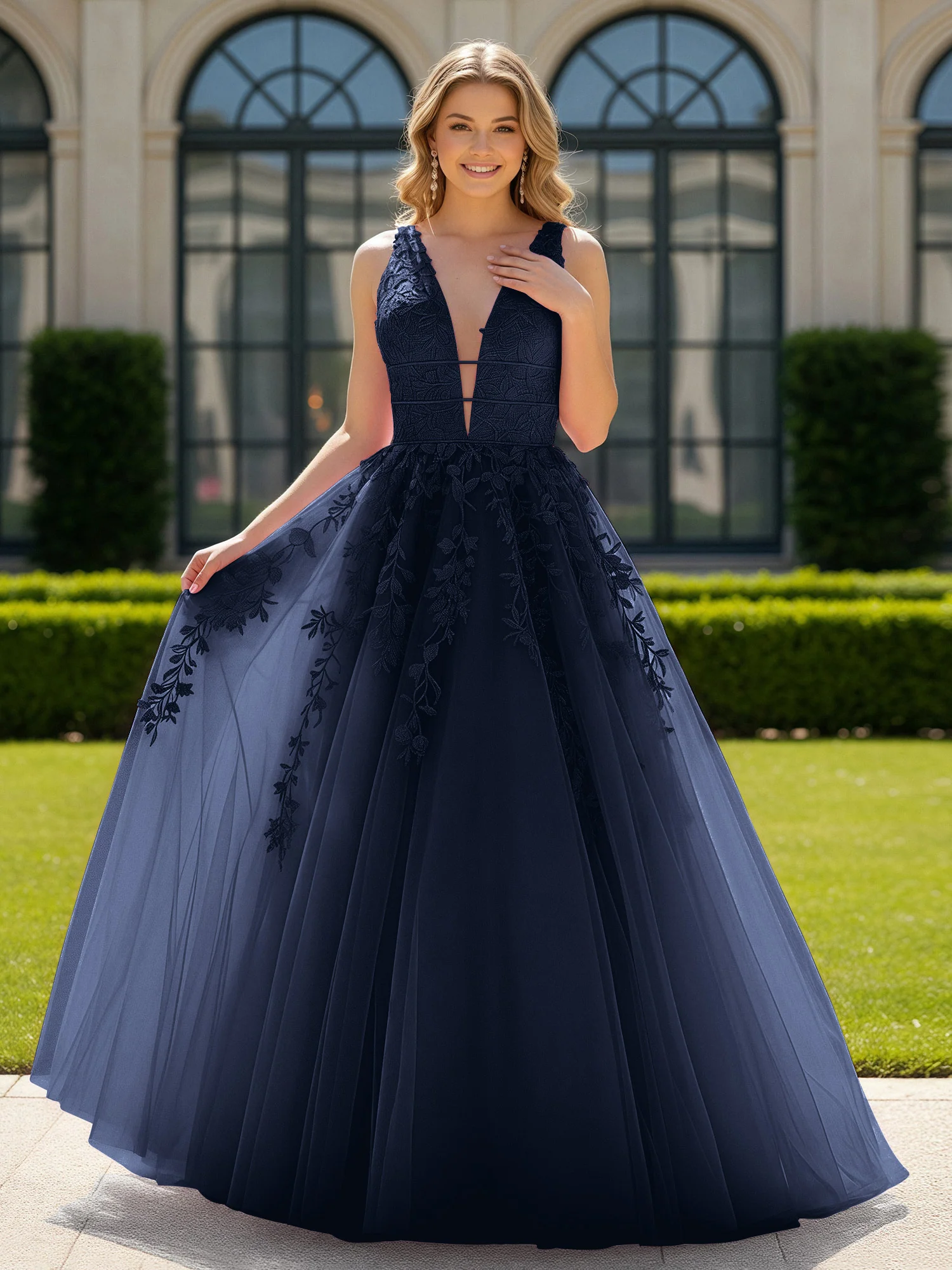 Appliqued Tulle Open Back Plunging V-Neck Prom Dress Dark Navy