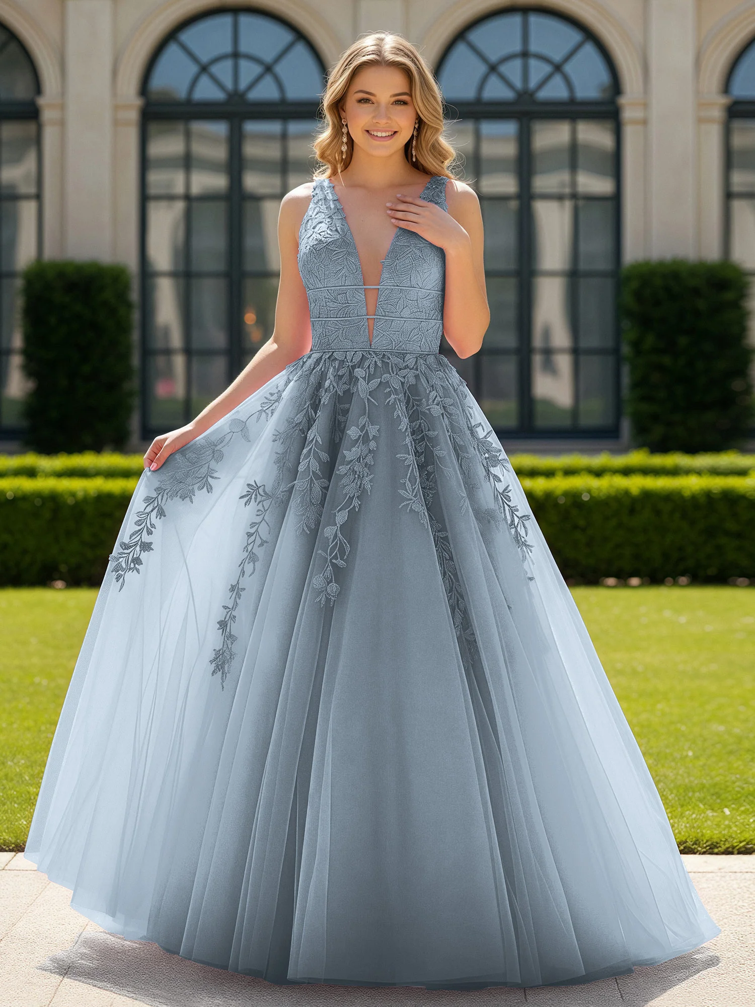 Appliqued Tulle Open Back Plunging V-Neck Prom Dress Dusty Blue