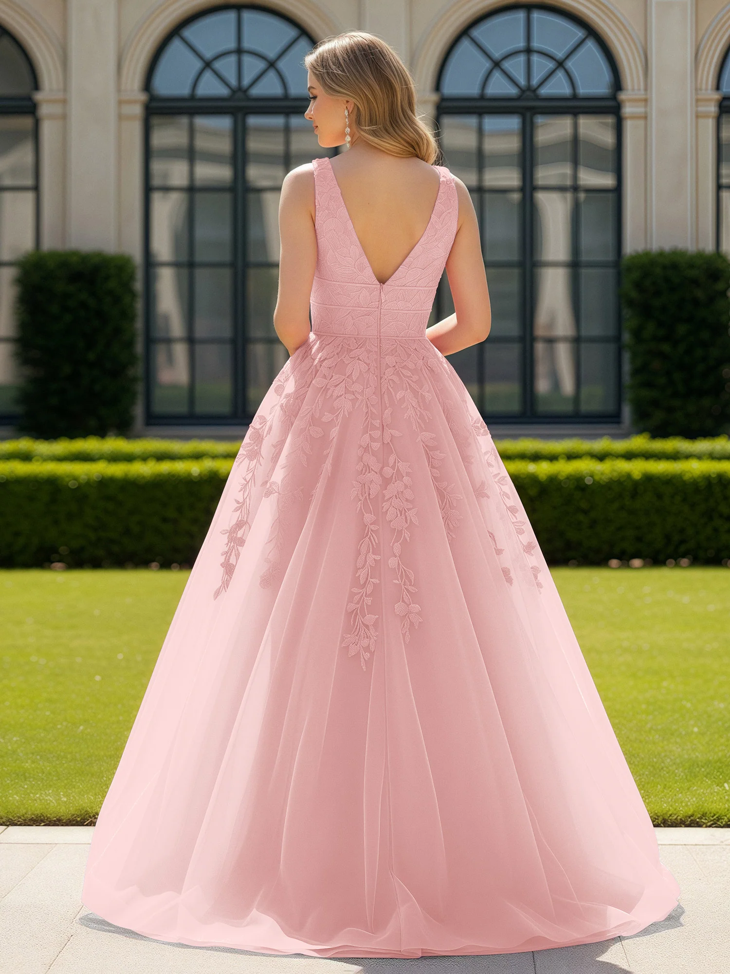 Appliqued Tulle Open Back Plunging V-Neck Prom Dress Dusty Rose - Image 2