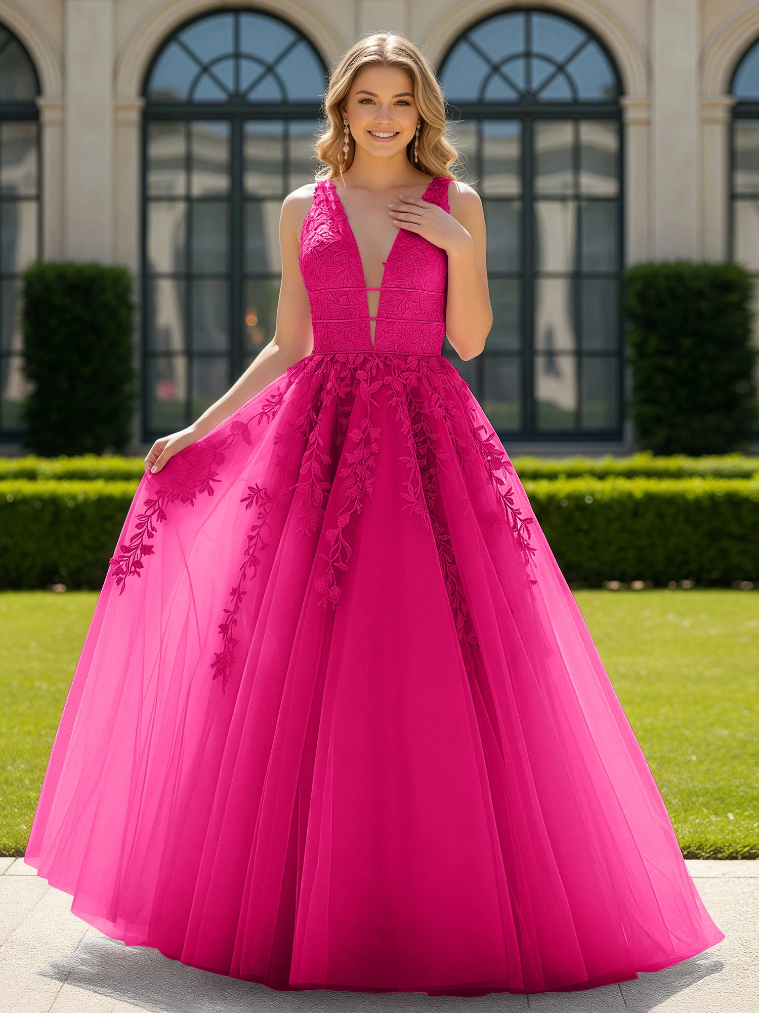 Appliqued Tulle Open Back Plunging V-Neck Prom Dress Fuchsia