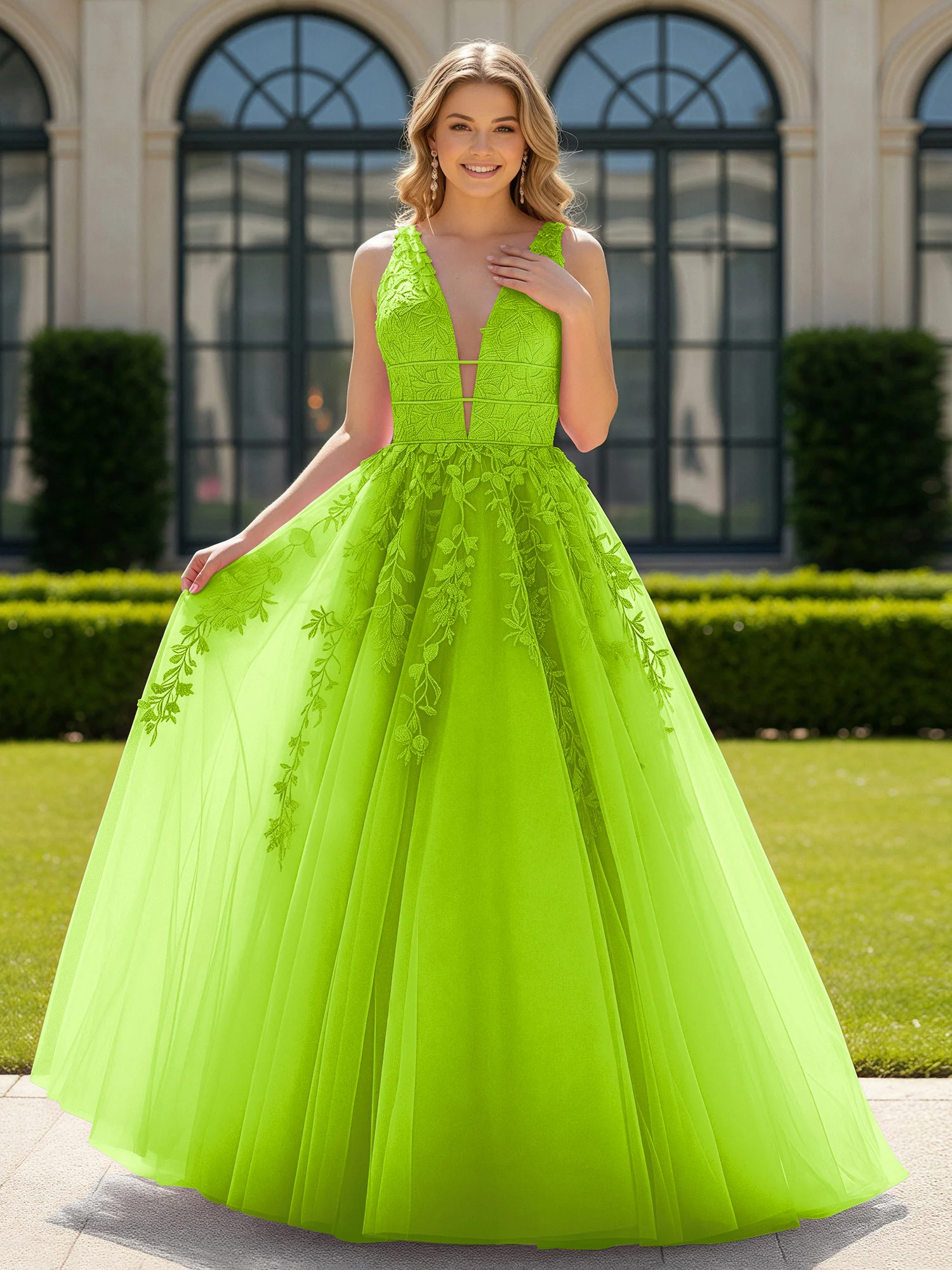 Appliqued Tulle Open Back Plunging V-Neck Prom Dress Lime Green