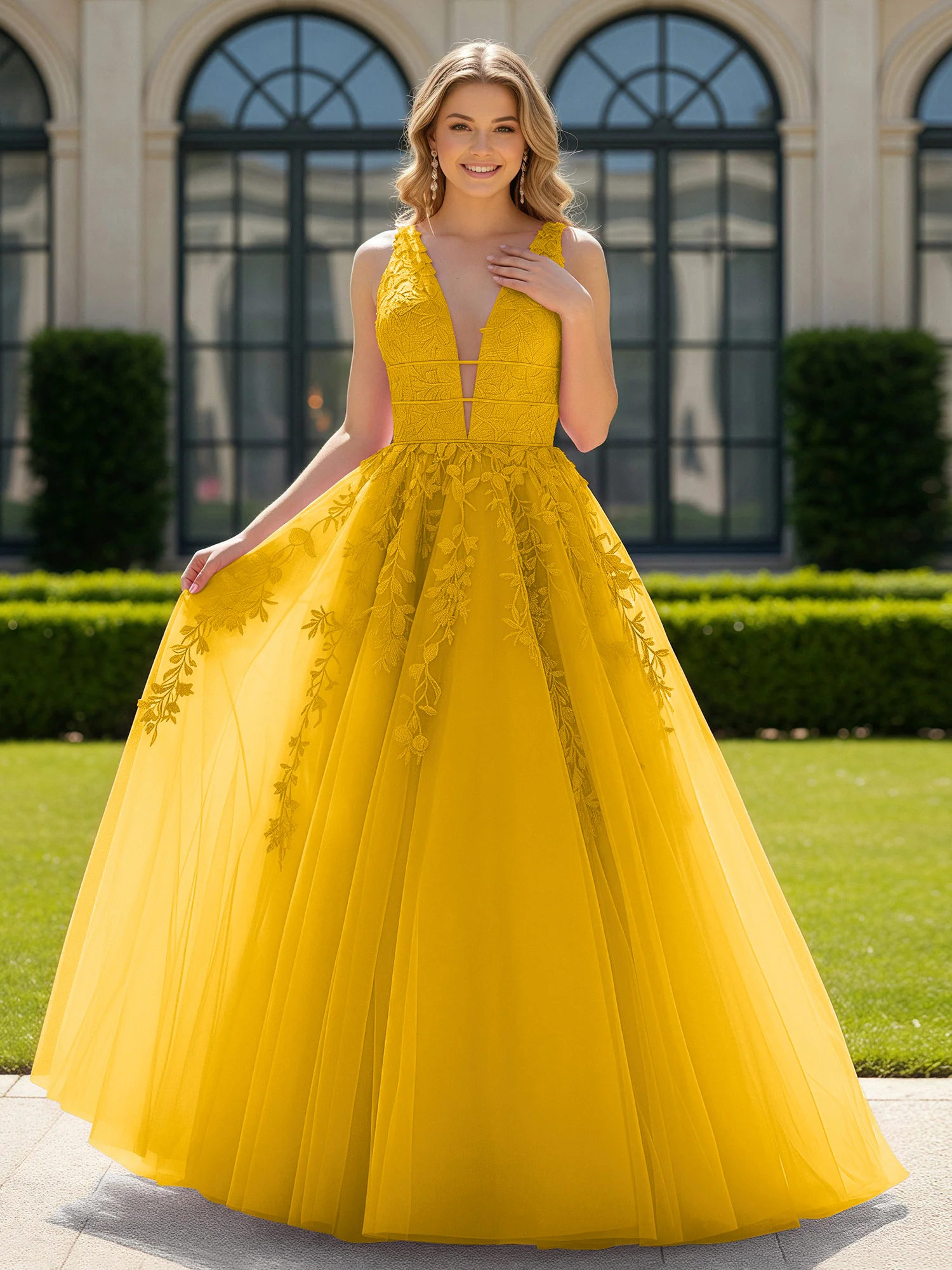 Appliqued Tulle Open Back Plunging V-Neck Prom Dress Marigold
