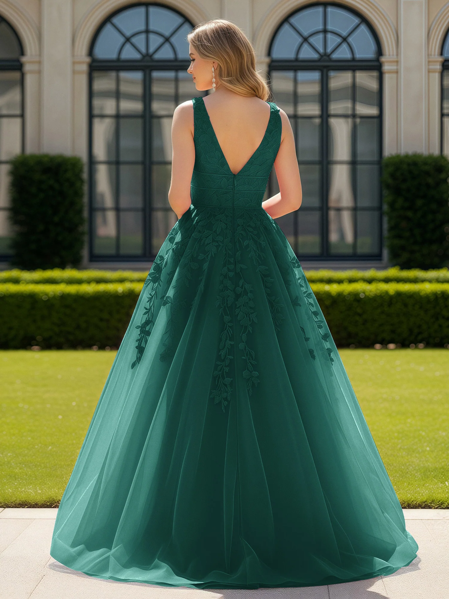 Appliqued Tulle Open Back Plunging V-Neck Prom Dress Peacock - Image 2