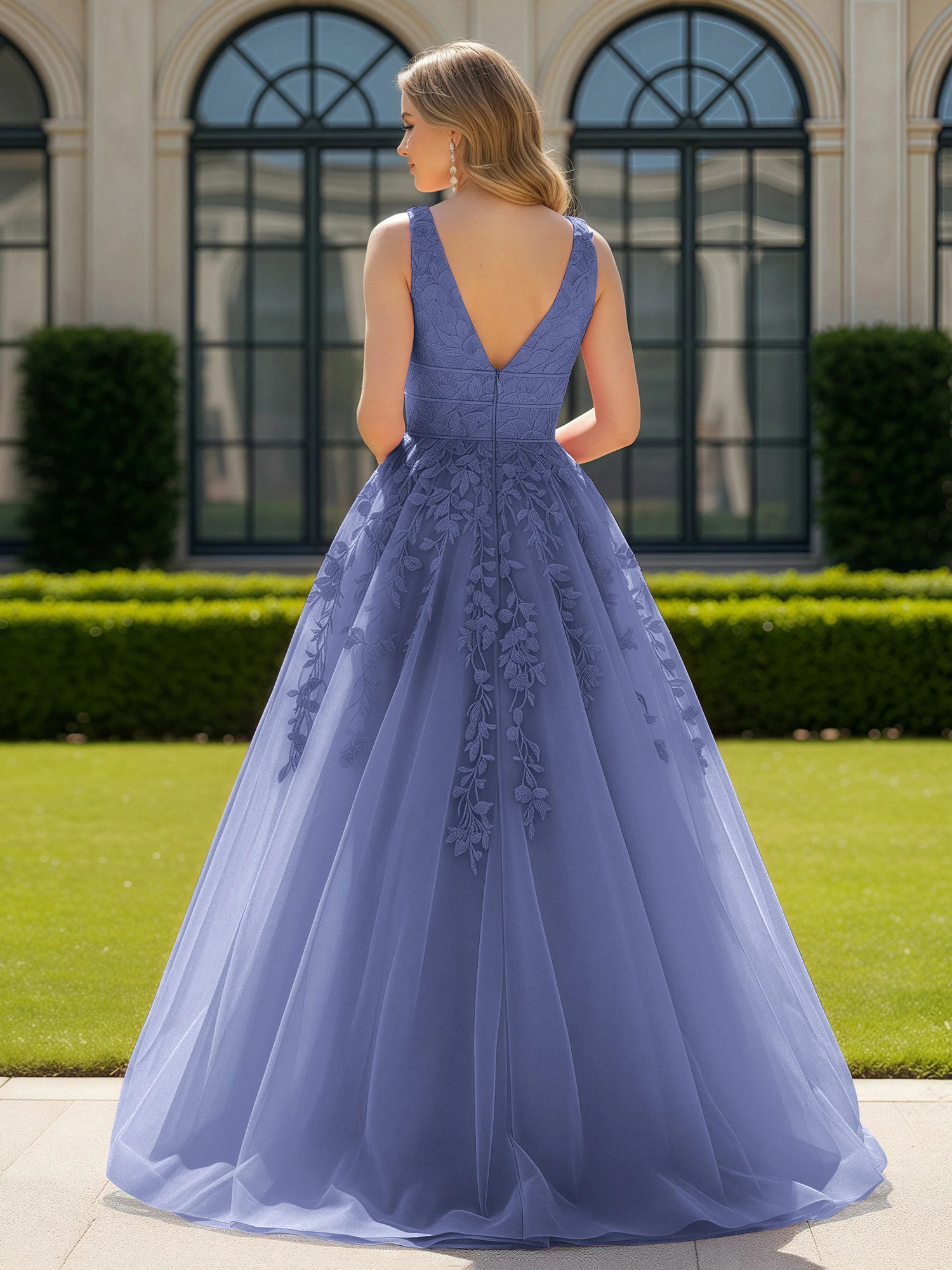 Appliqued Tulle Open Back Plunging V-Neck Prom Dress Periwinkle - Image 2