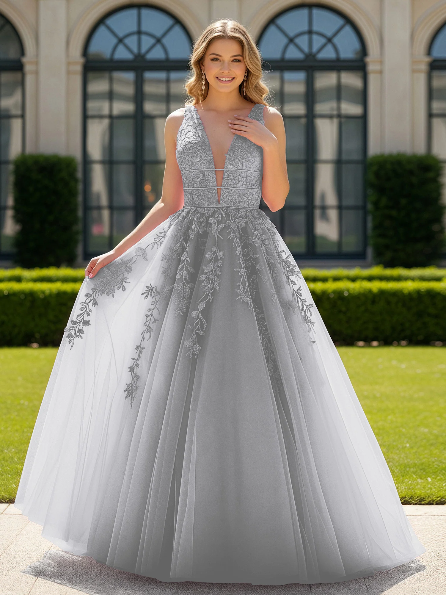 Appliqued Tulle Open Back Plunging V-Neck Prom Dress Silver