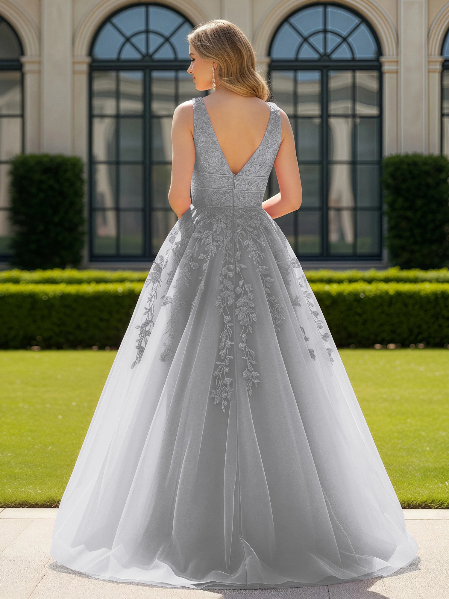 Appliqued Tulle Open Back Plunging V-Neck Prom Dress Silver - Image 2