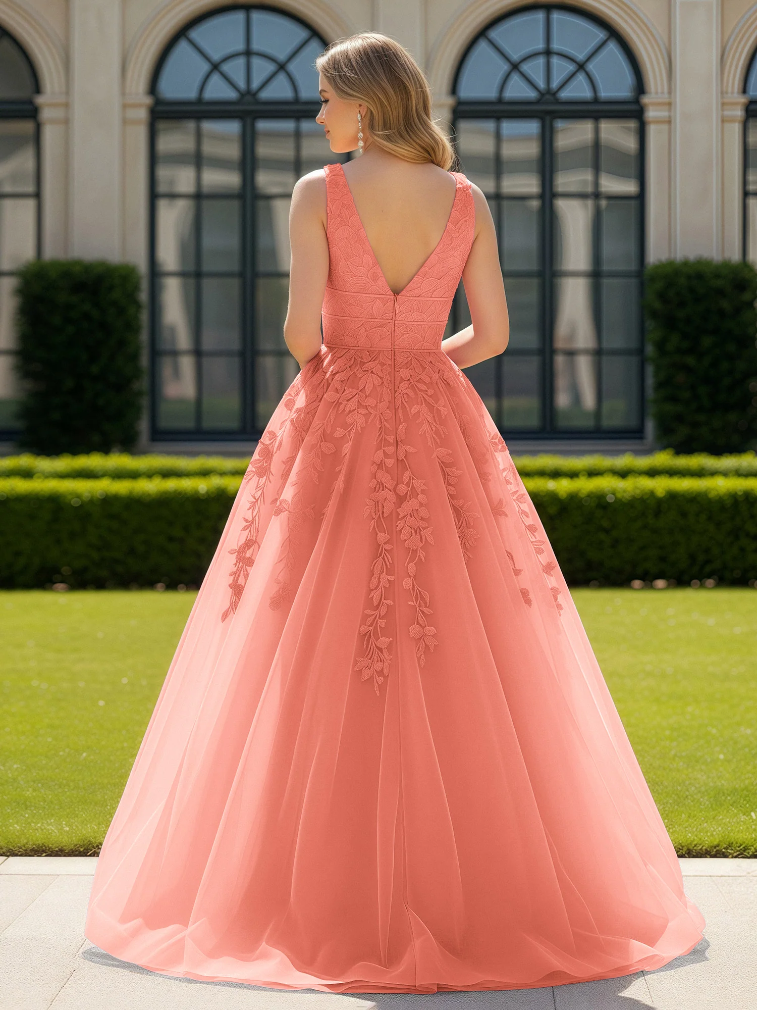 Appliqued Tulle Open Back Plunging V-Neck Prom Dress Sunset - Image 2