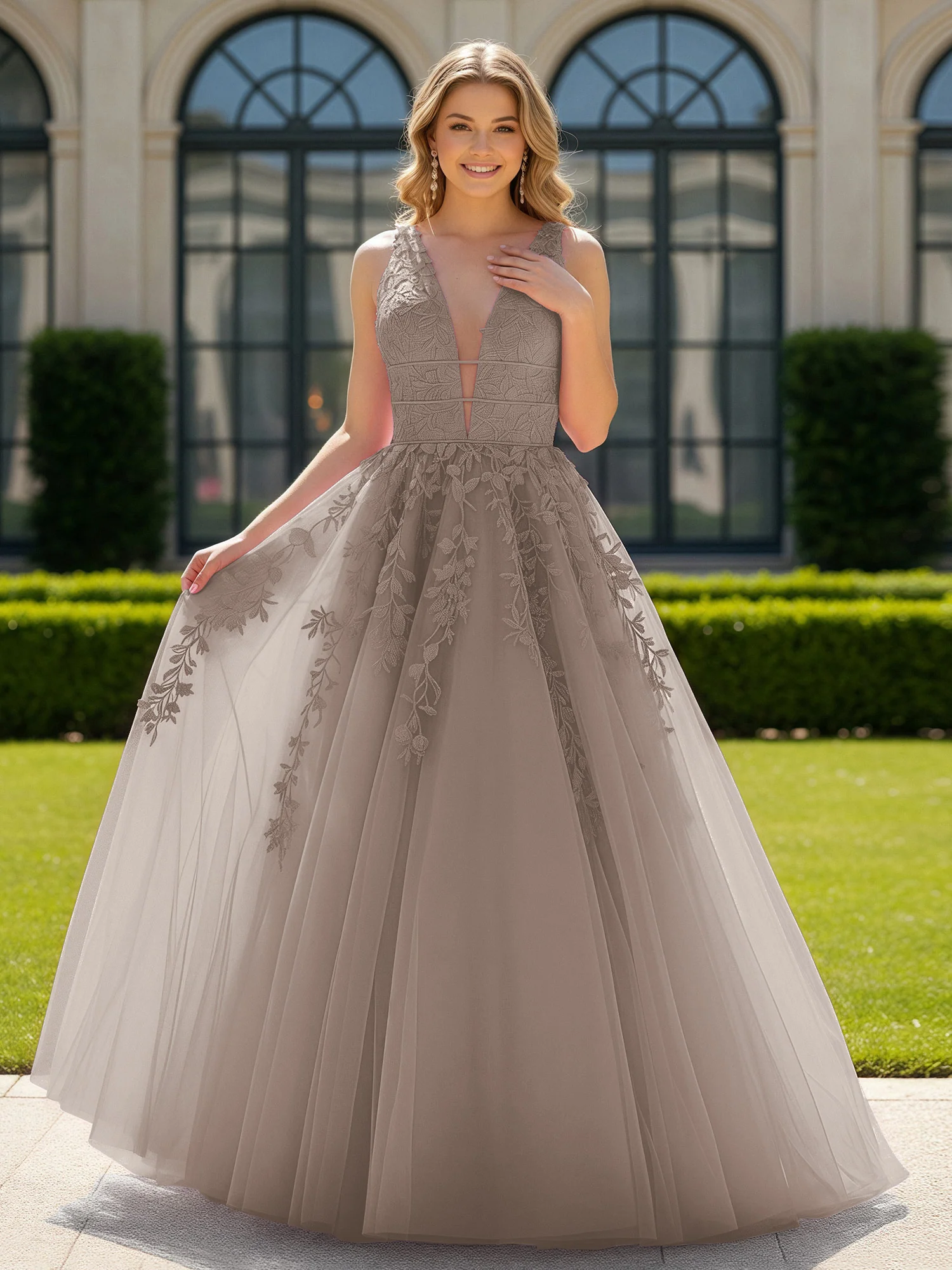 Appliqued Tulle Open Back Plunging V-Neck Prom Dress Taupe