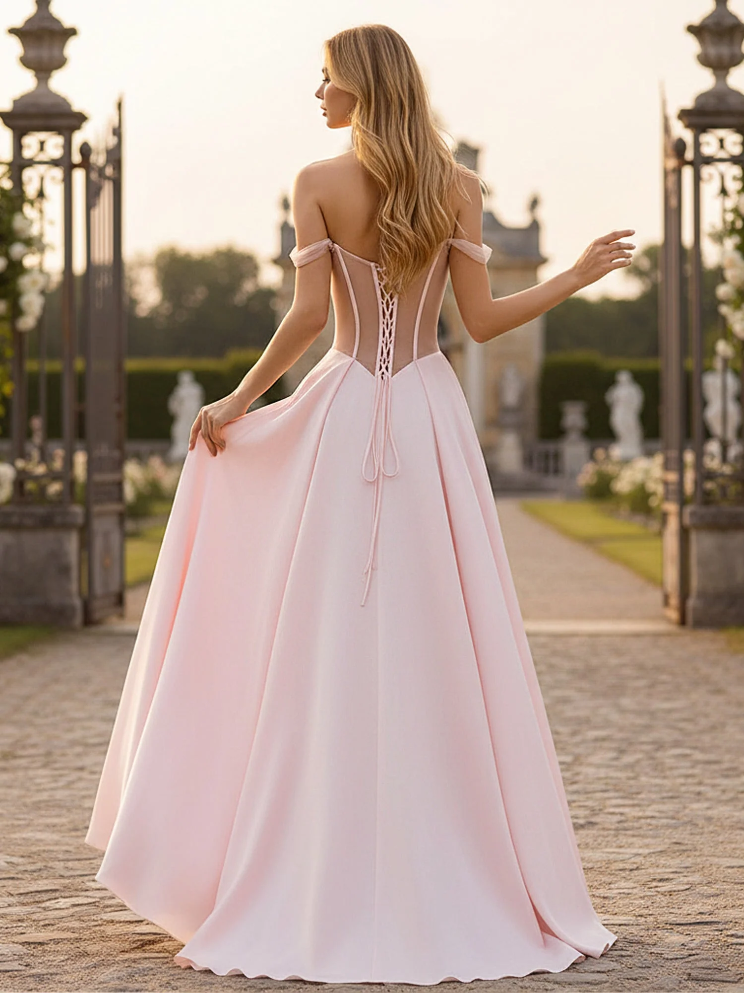 Sheer Panel Sweetheart Neckline Satin Ballgown Red - Image 2
