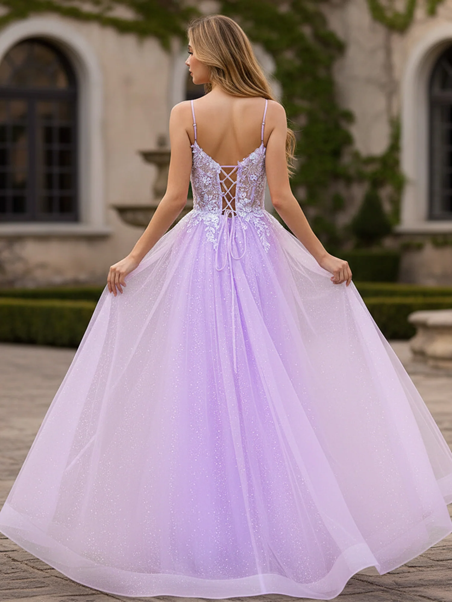 Glitter Tulle Skirt Appliqué V-Neck Lace-Up Ballgown Lilac - Image 2