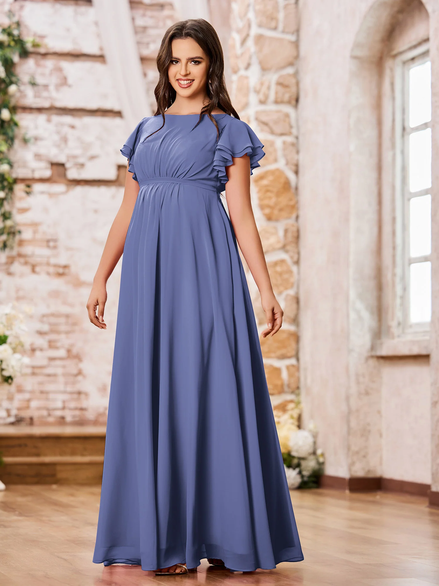 Empire Flutter Sleeves Floor Length Maxi Chiffon Dresses Periwinkle - Image 3