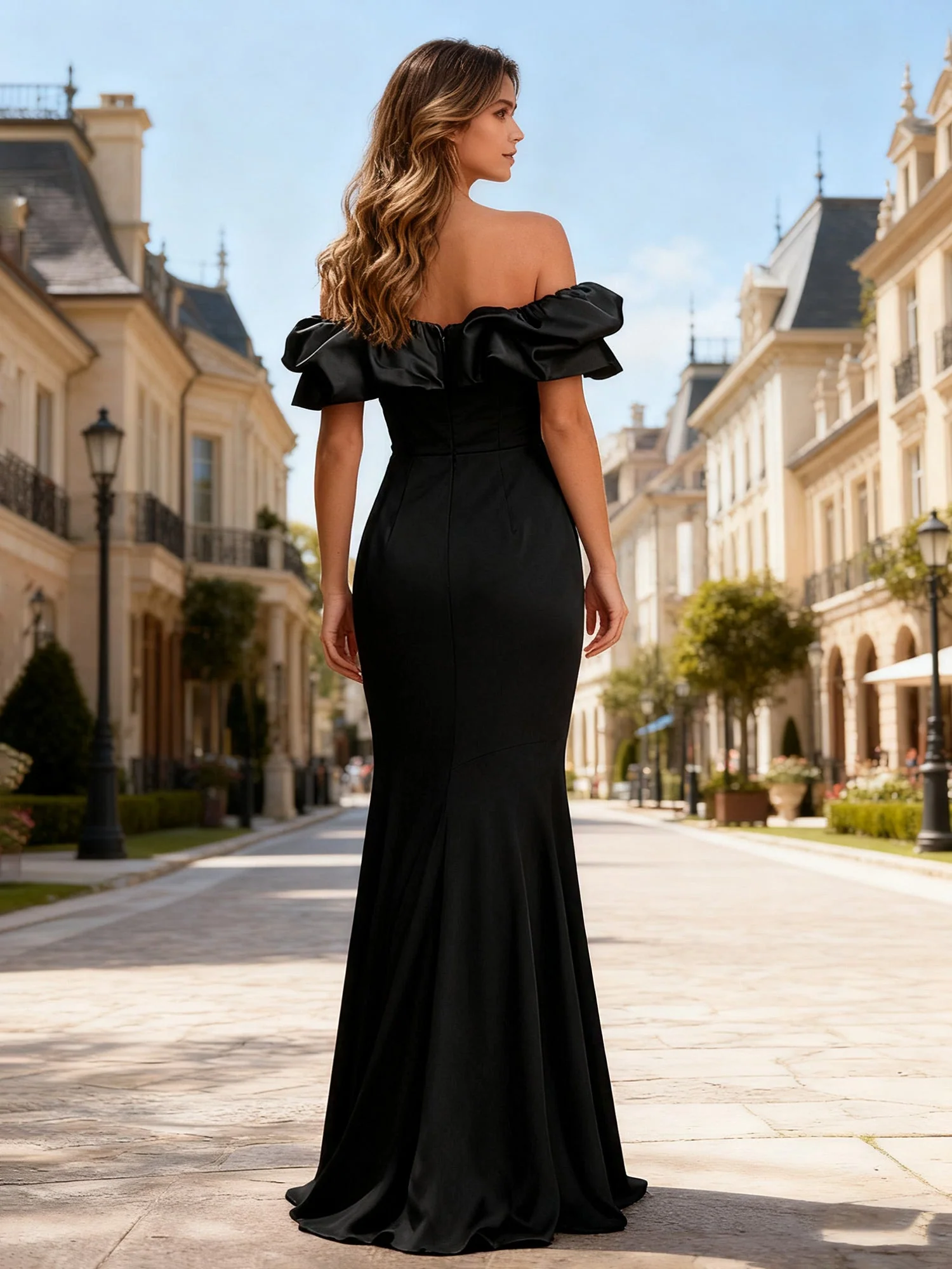 Off-Shoulder Ruffle Trim Satin Slit Mermaid Gown Dark Green - Image 2