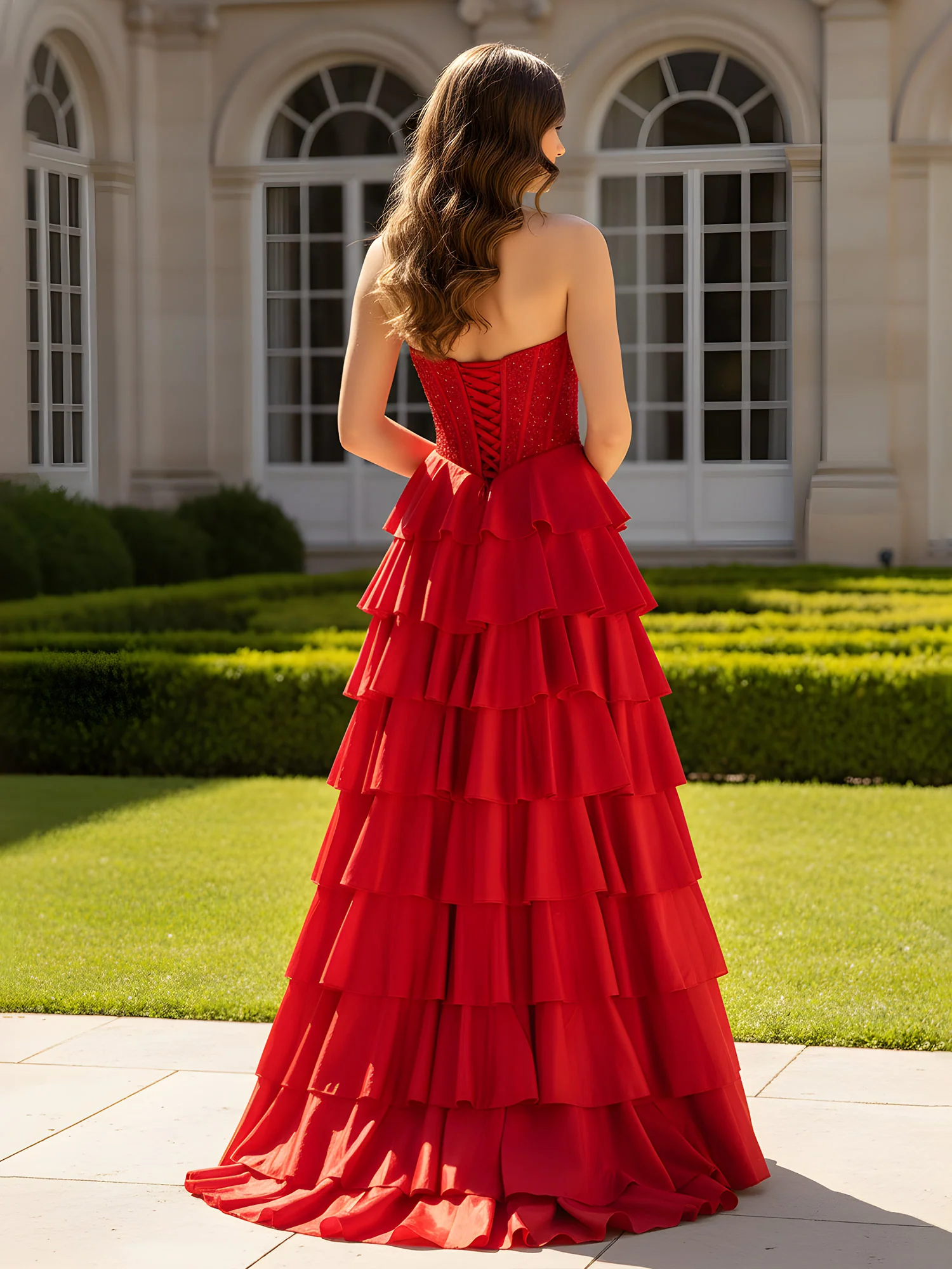 Lace-Up Back Evening Dress featuring Boned Corset Bodice Red - Image 2