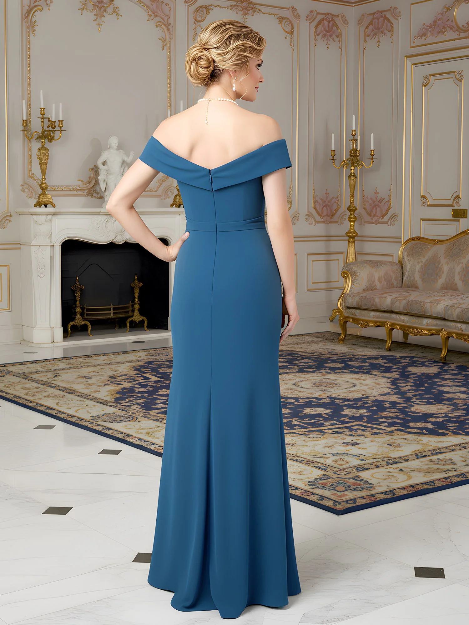 Crepe Formal Dress featuring Waterfall Ruffle Accent Dusty Blue - Image 2