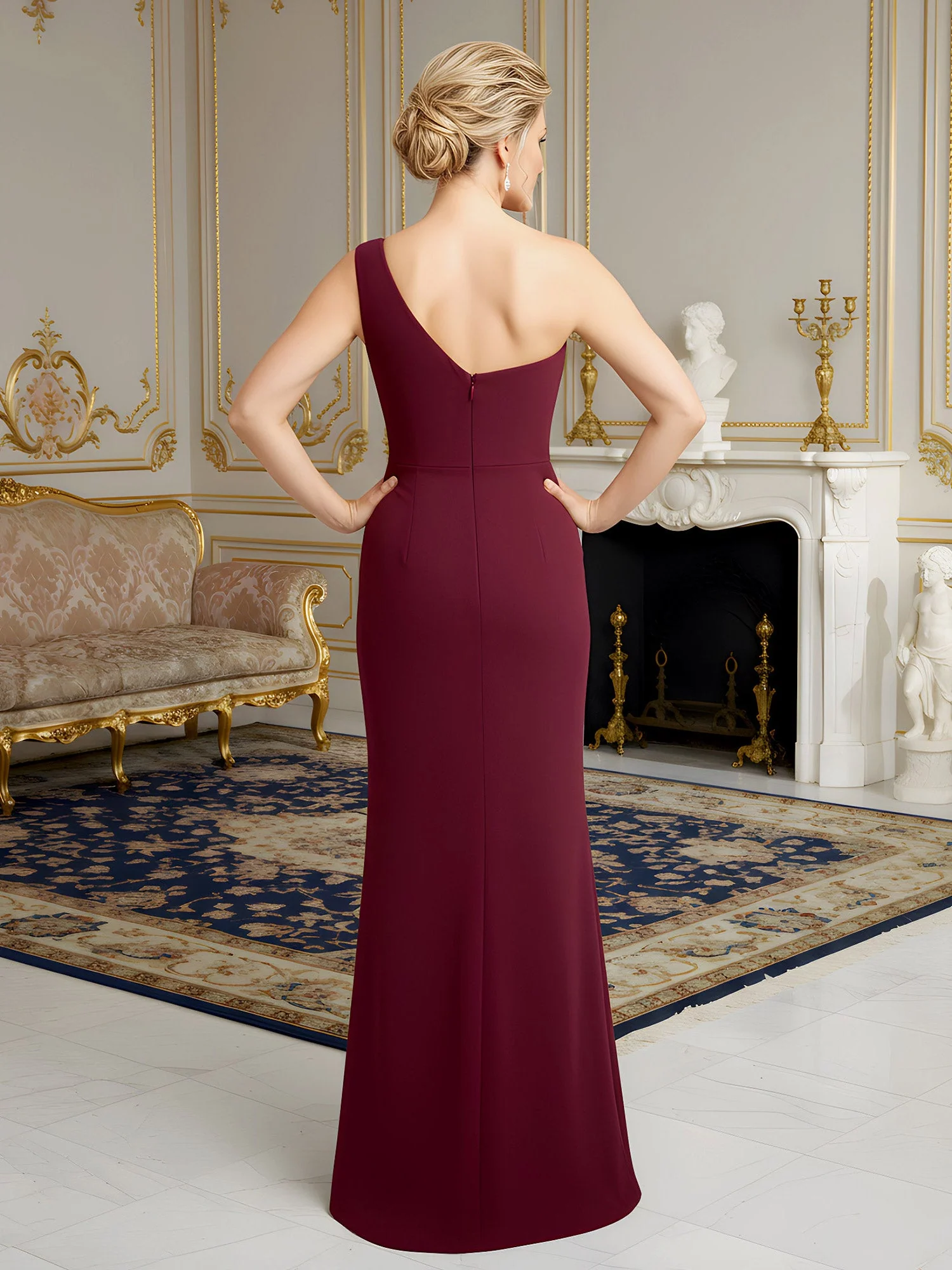 One-Shoulder Column Gown with Ruched Draped Bodice Royal Blue - Image 2