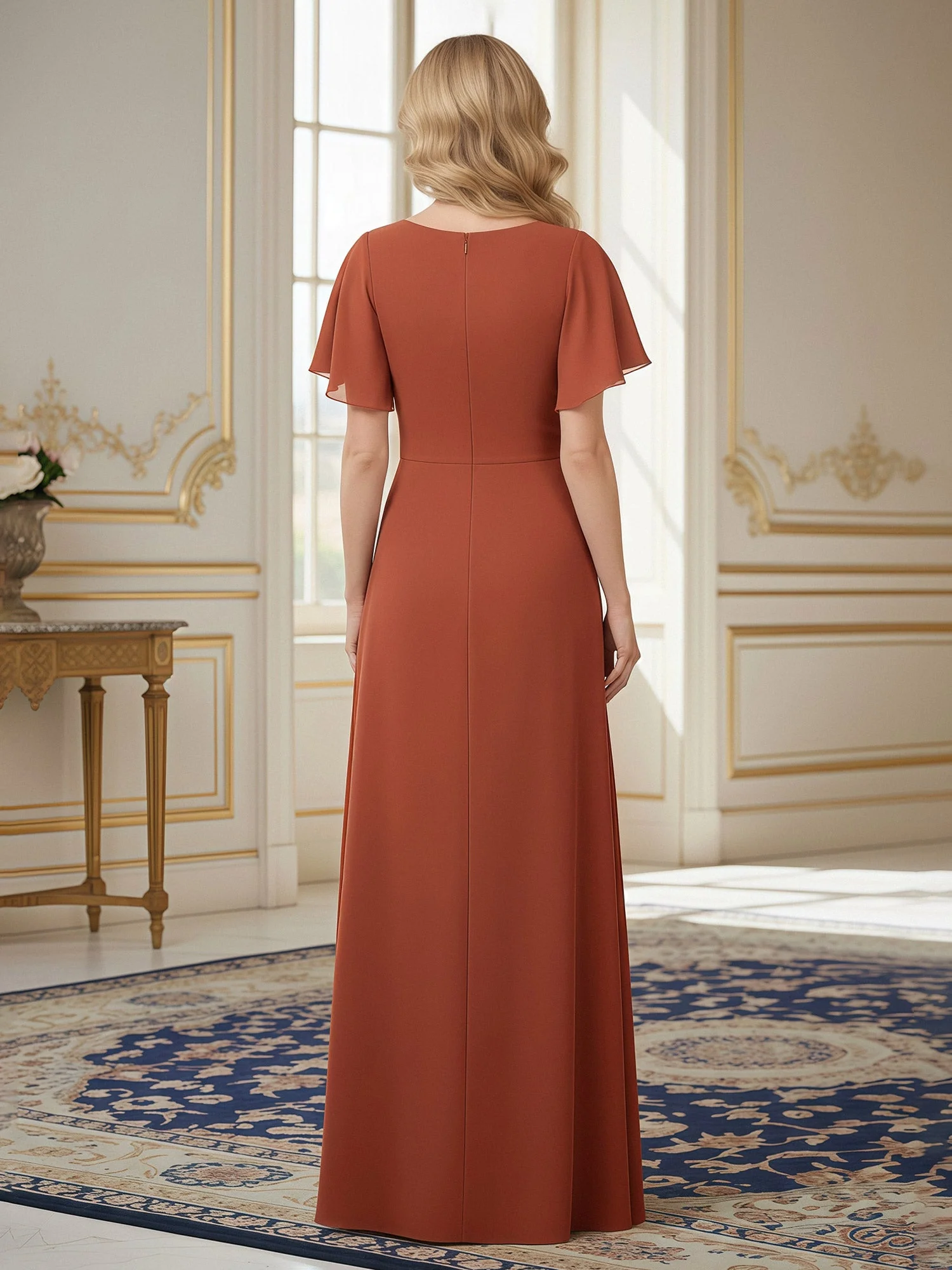Pleated V-neck Flutter Sleeves Chiffon Long Dress Olive Green - Image 2
