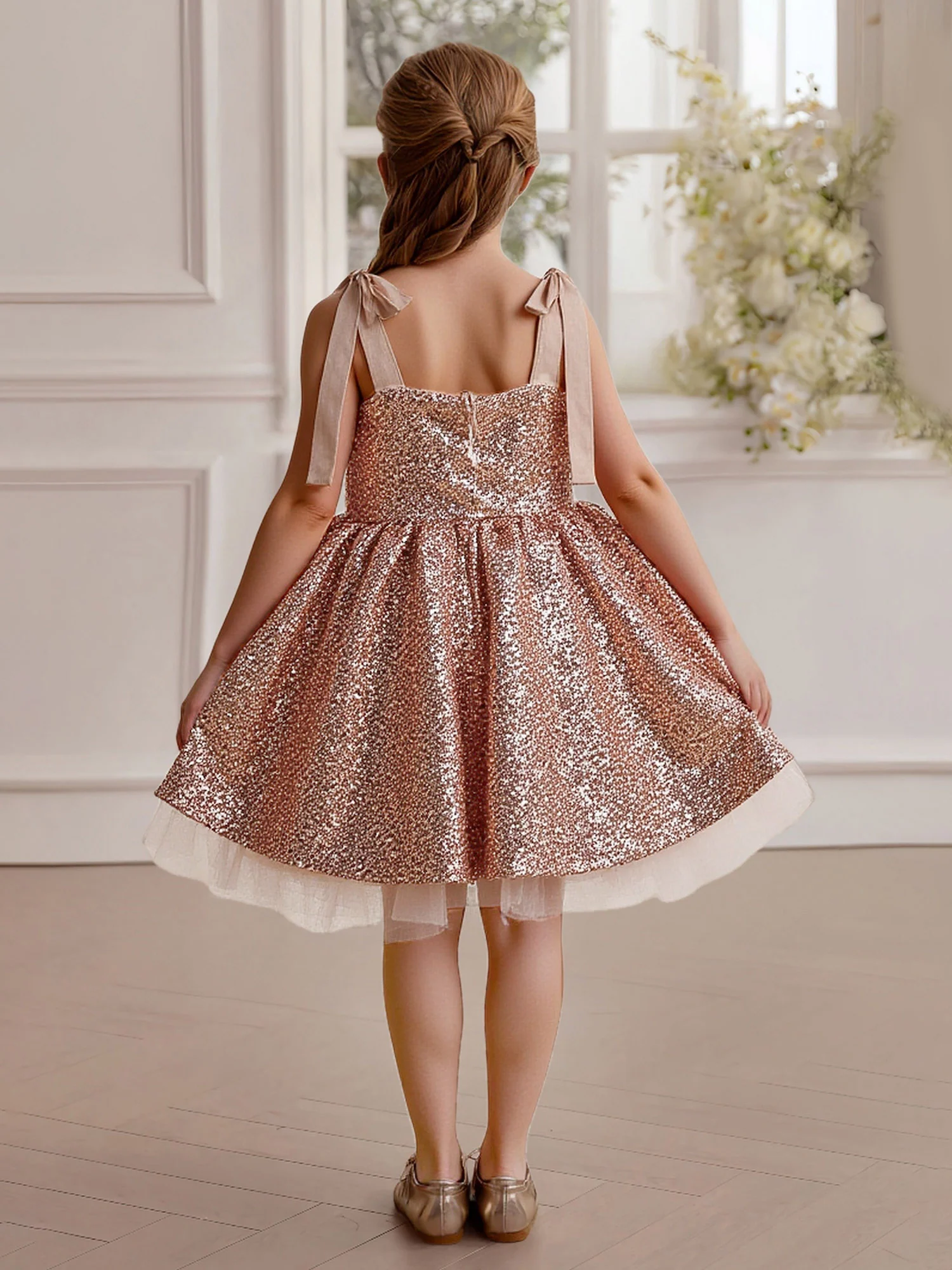 All-Over Sequin Shoulder Tie A-Line Flower Girl Dress As Picture - Image 2