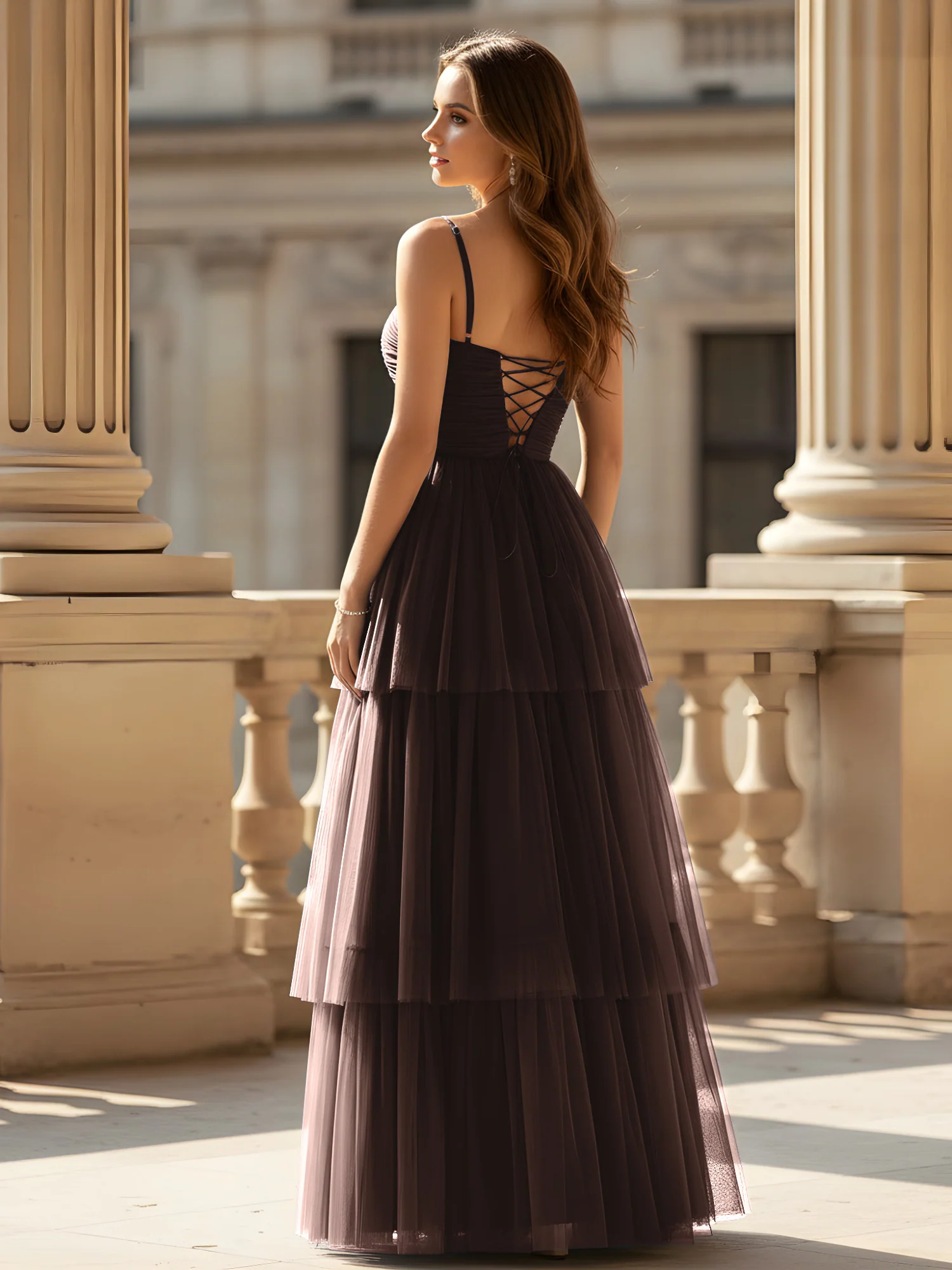 Ruched Bodice Tiered Tulle Gown with High Slit Chocolate - Image 2
