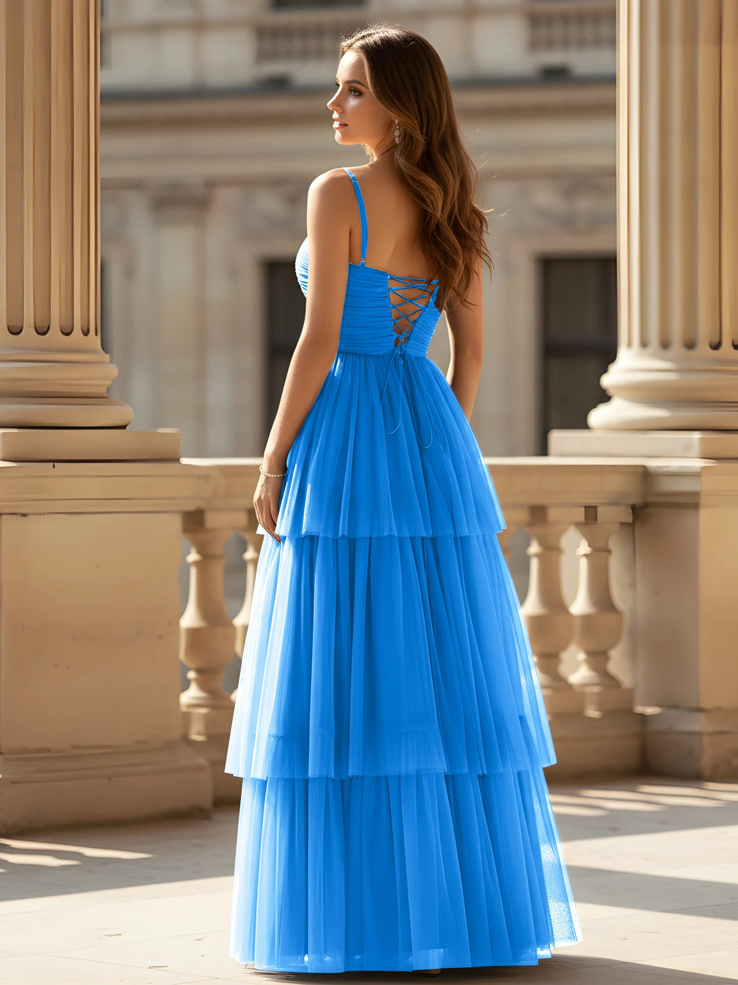 Ruched Bodice Tiered Tulle Gown with High Slit Ocean Blue - Image 2