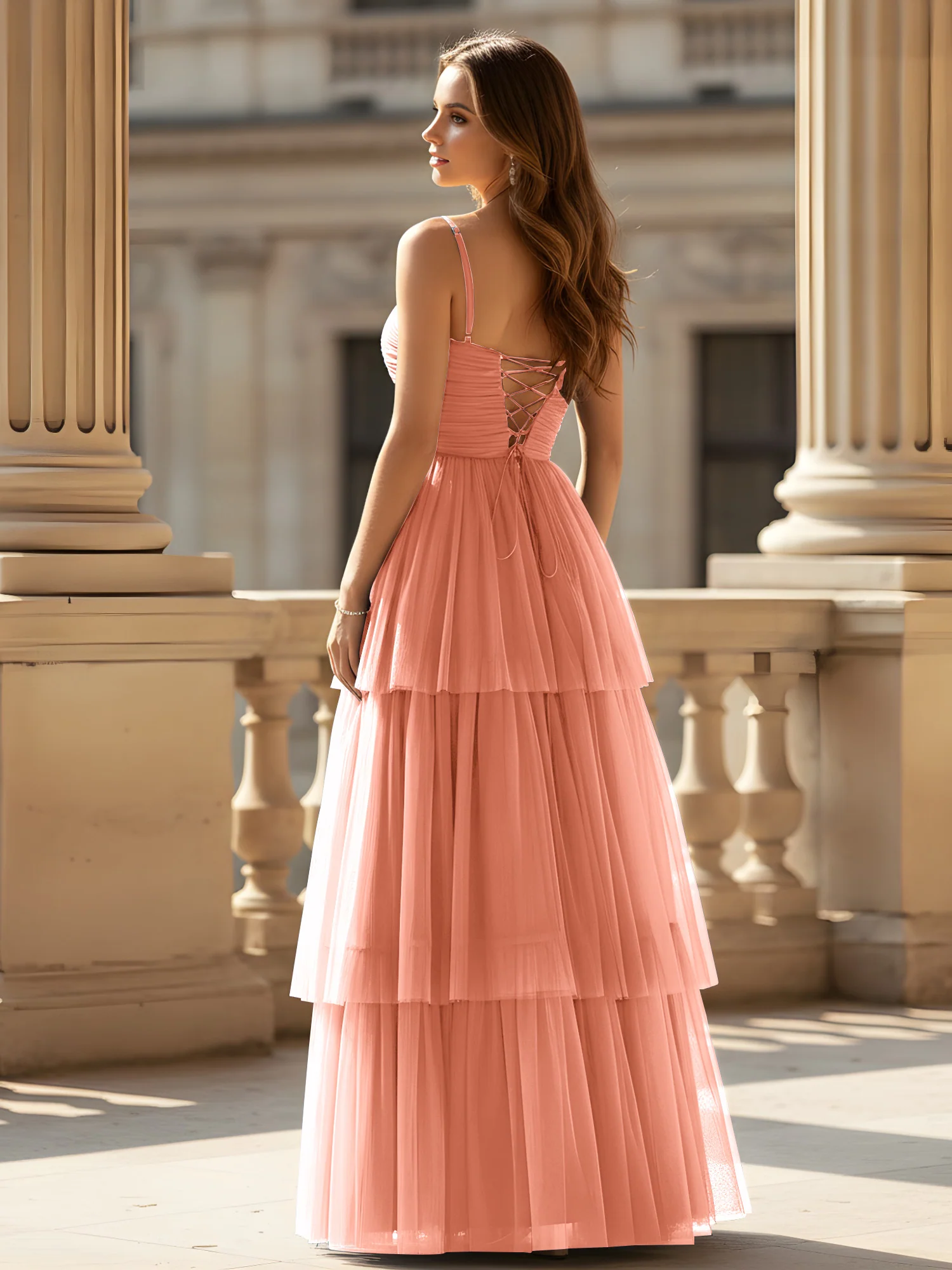 Ruched Bodice Tiered Tulle Gown with High Slit Papaya - Image 2