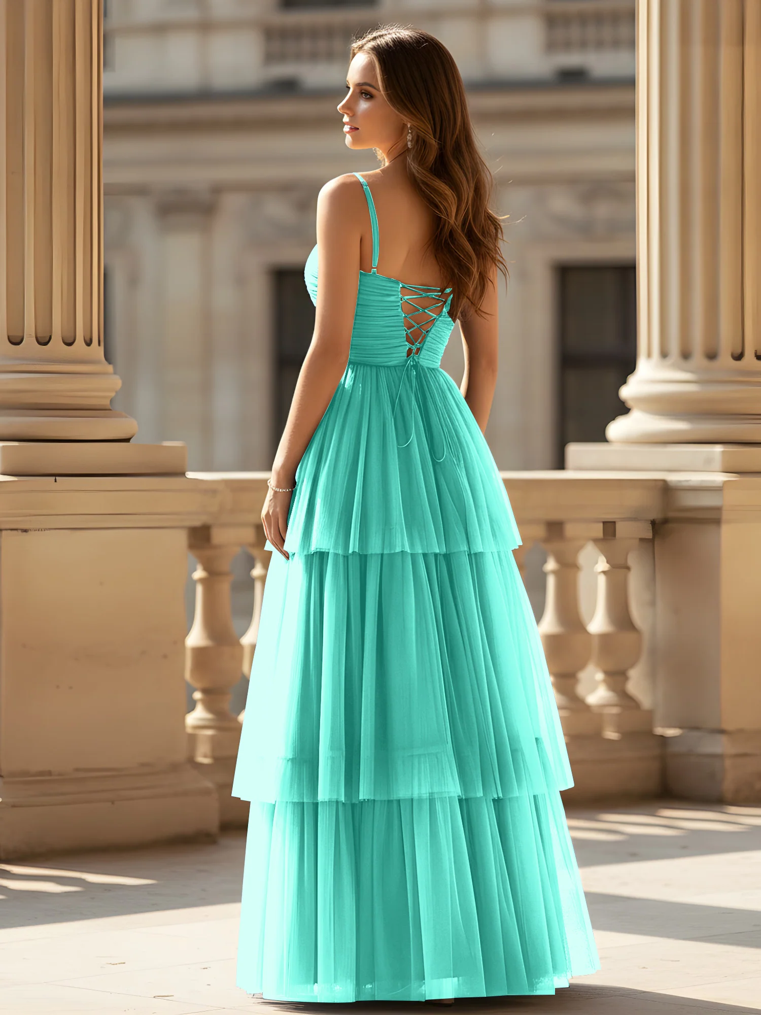 Ruched Bodice Tiered Tulle Gown with High Slit Spa - Image 2