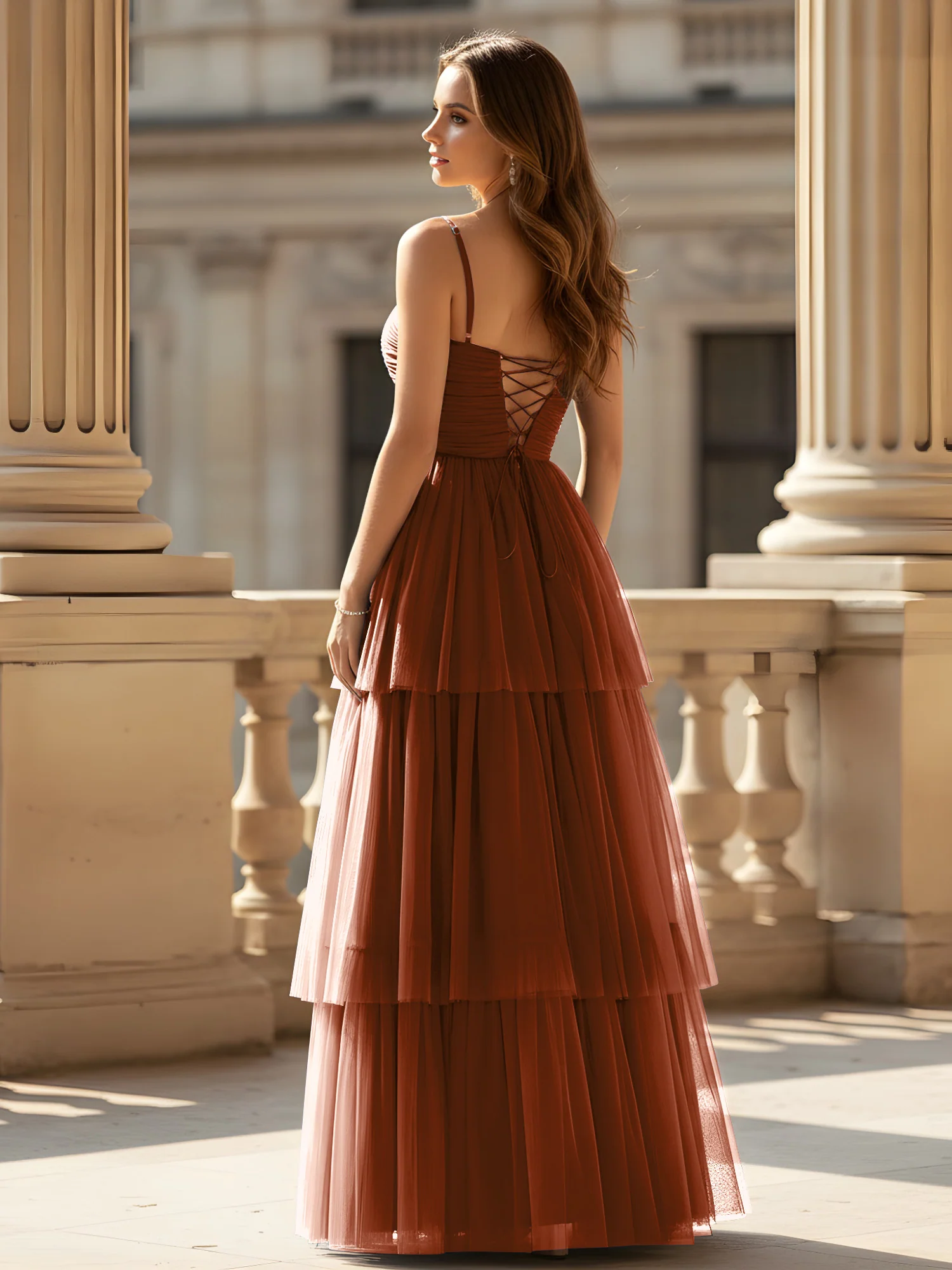 Ruched Bodice Tiered Tulle Gown with High Slit Terracotta - Image 2