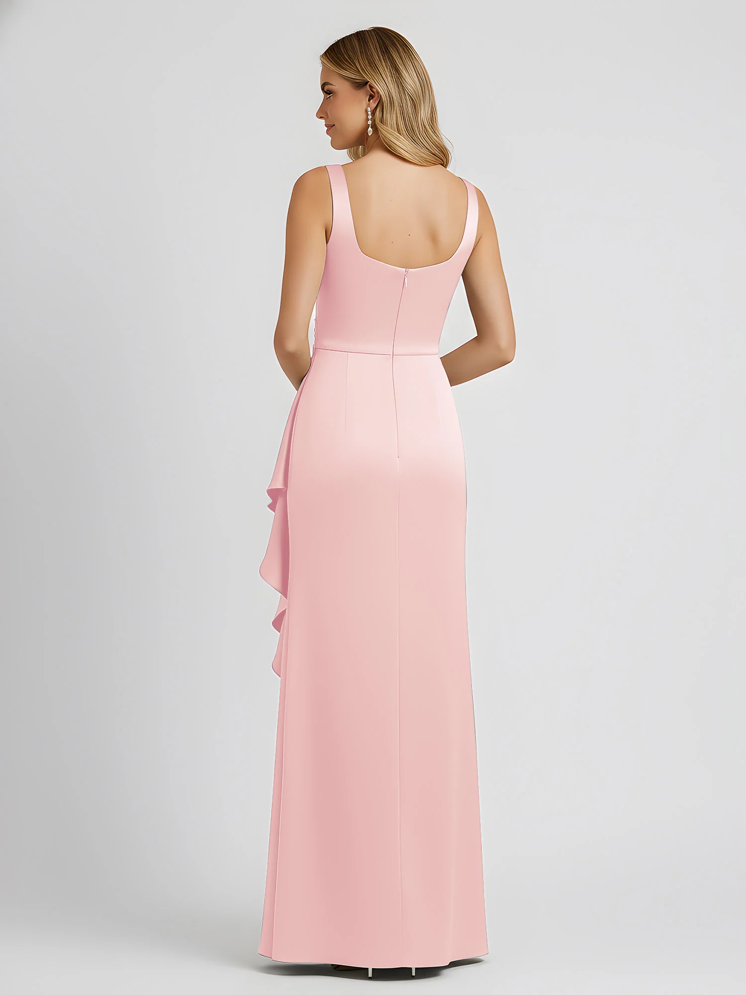 Square Neck Ruffle Slit Satin Column Gown Blushing Pink - Image 2