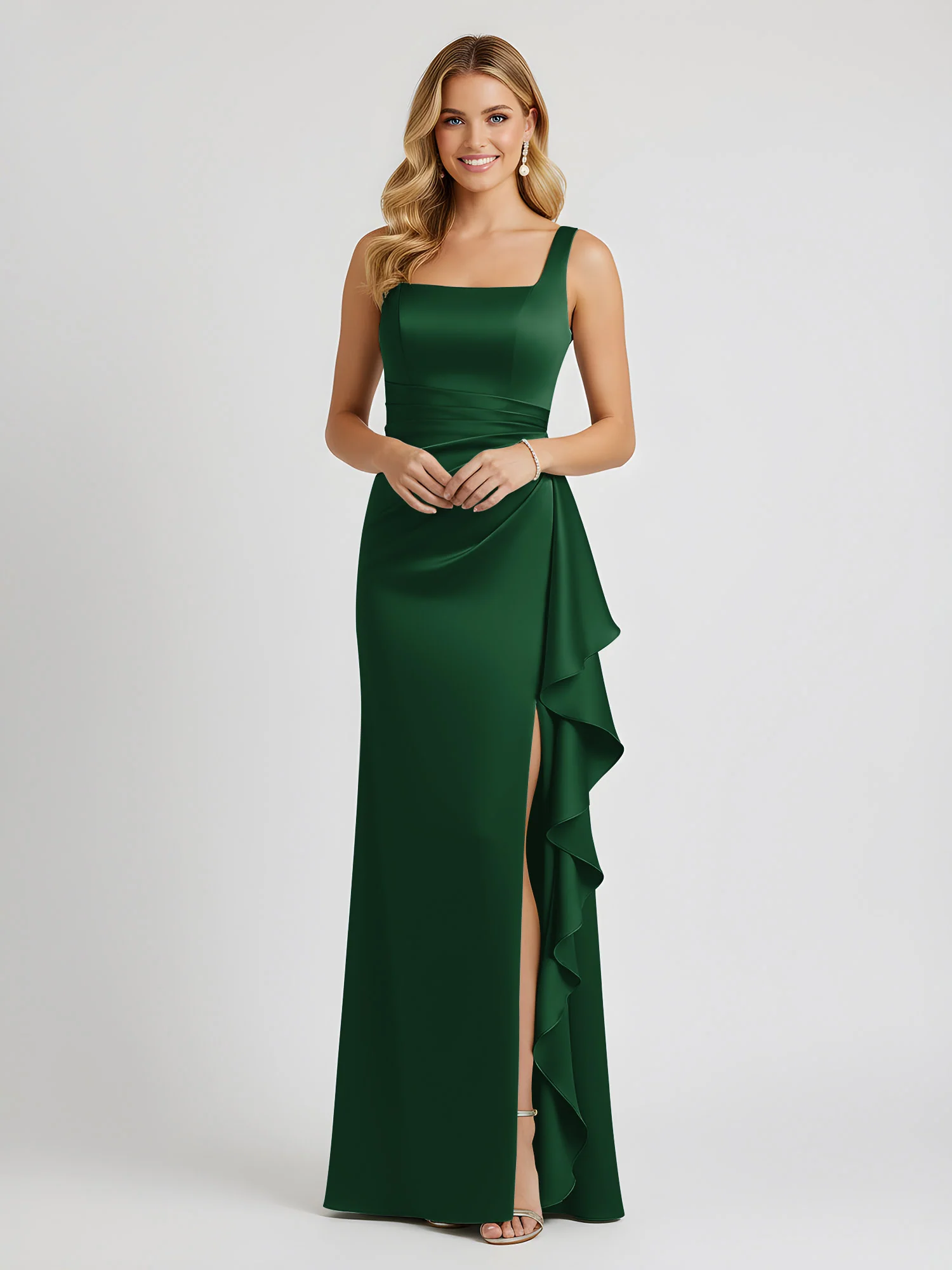 Square Neck Ruffle Slit Satin Column Gown Dark Green