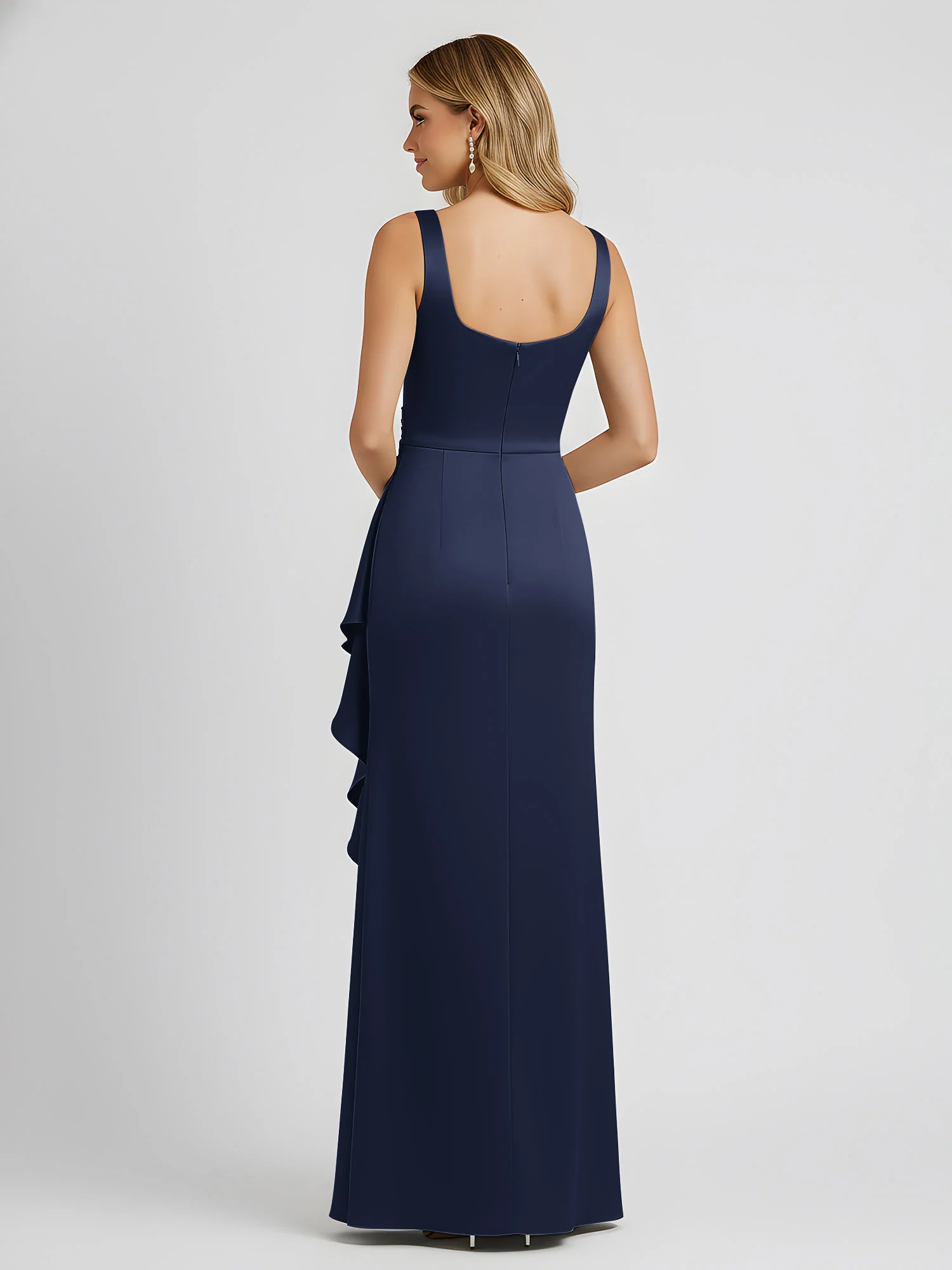 Square Neck Ruffle Slit Satin Column Gown Dark Navy - Image 2