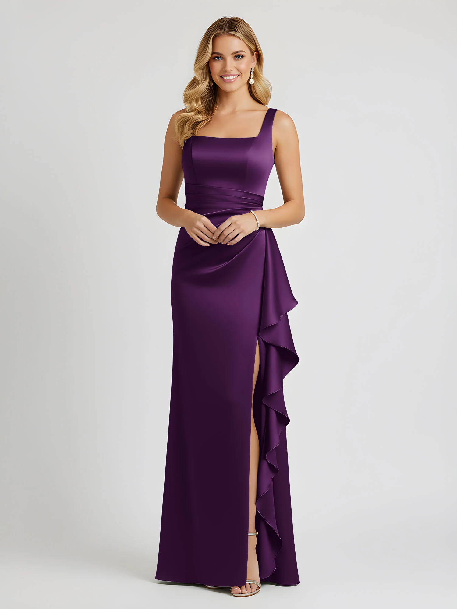 Square Neck Ruffle Slit Satin Column Gown Grape