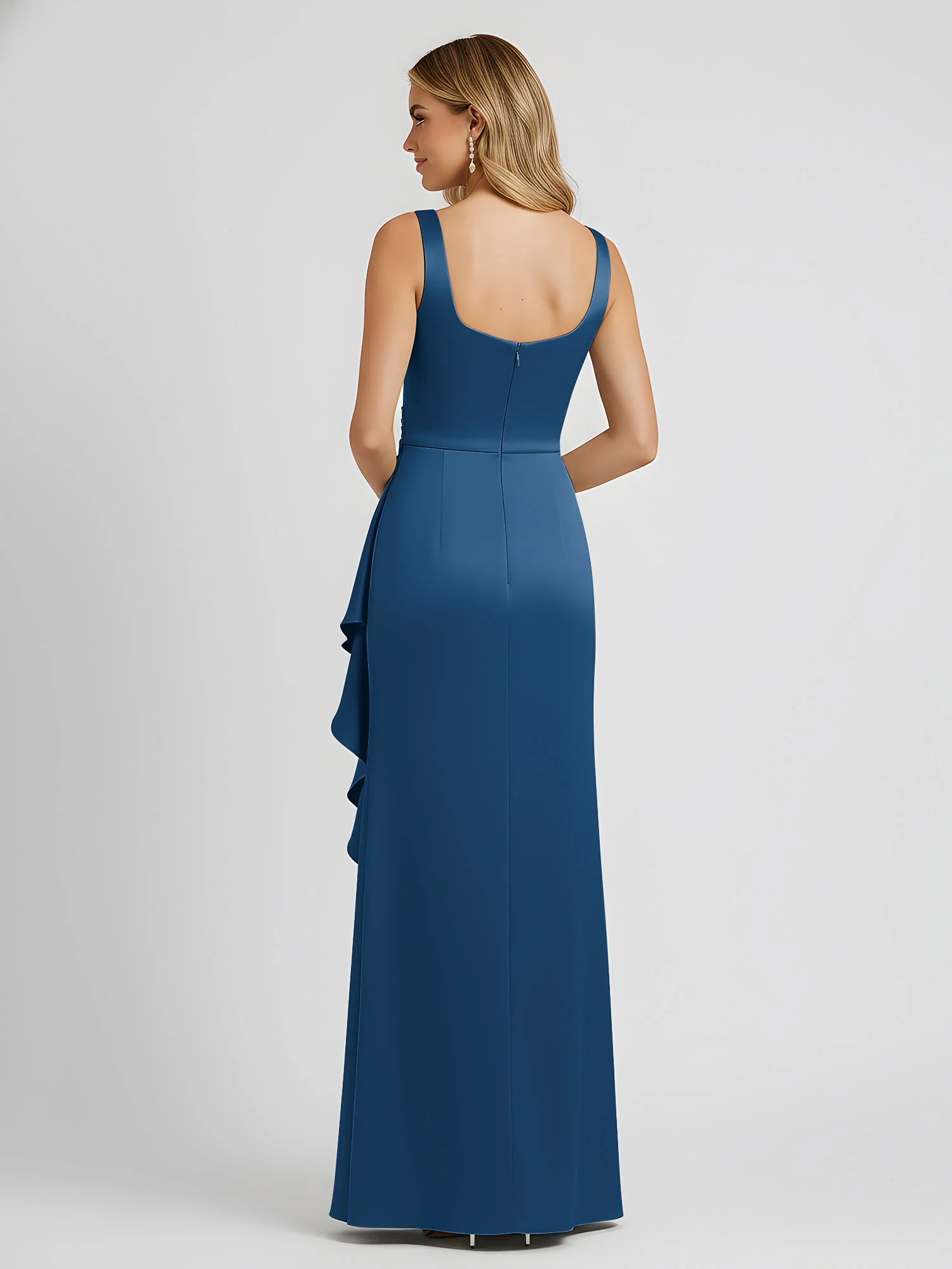 Square Neck Ruffle Slit Satin Column Gown Ink Blue - Image 2