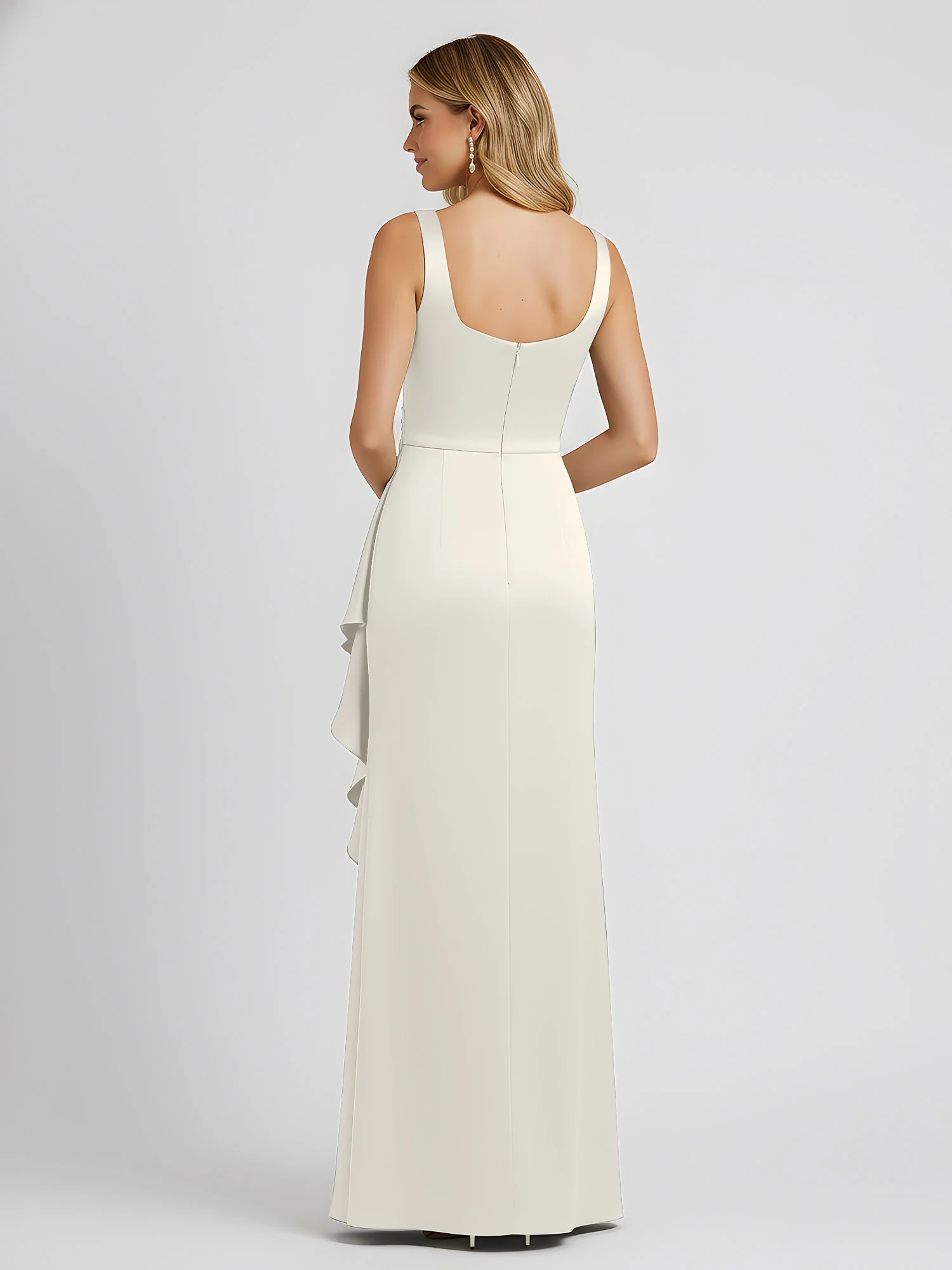 Square Neck Ruffle Slit Satin Column Gown Ivory - Image 2