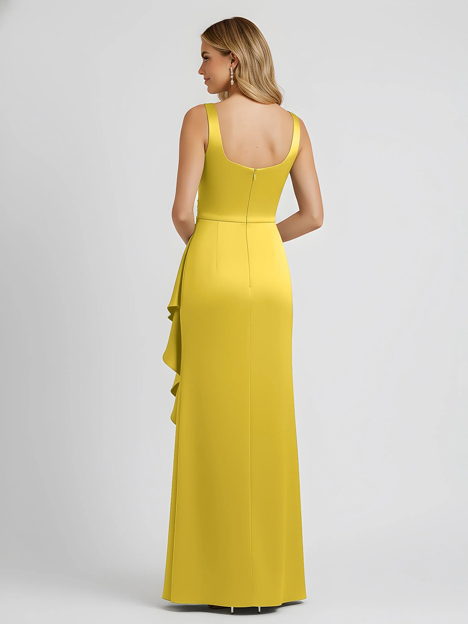 Square Neck Ruffle Slit Satin Column Gown Marigold - Image 2