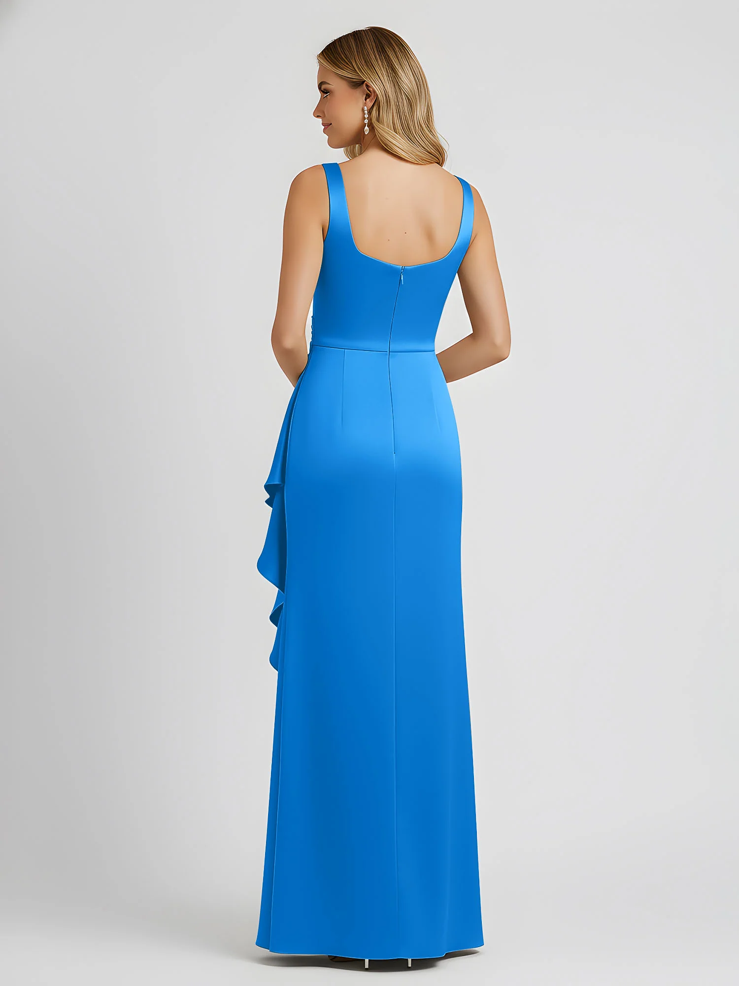 Square Neck Ruffle Slit Satin Column Gown Ocean Blue - Image 2
