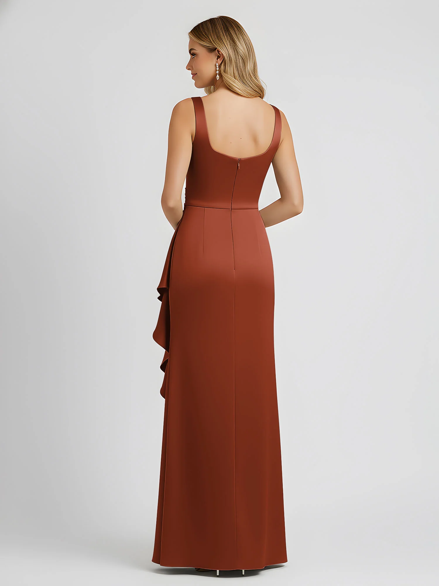 Square Neck Ruffle Slit Satin Column Gown Rust - Image 2