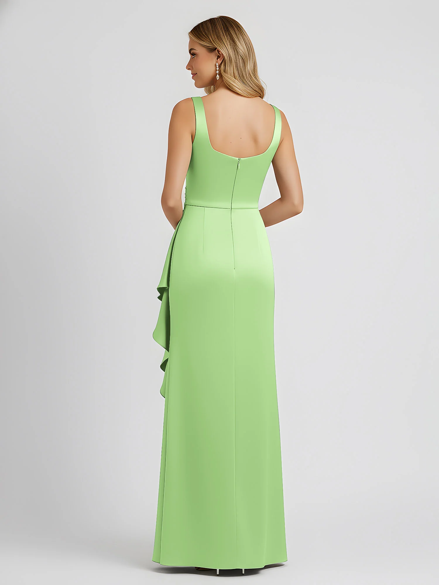 Square Neck Ruffle Slit Satin Column Gown Sage - Image 2