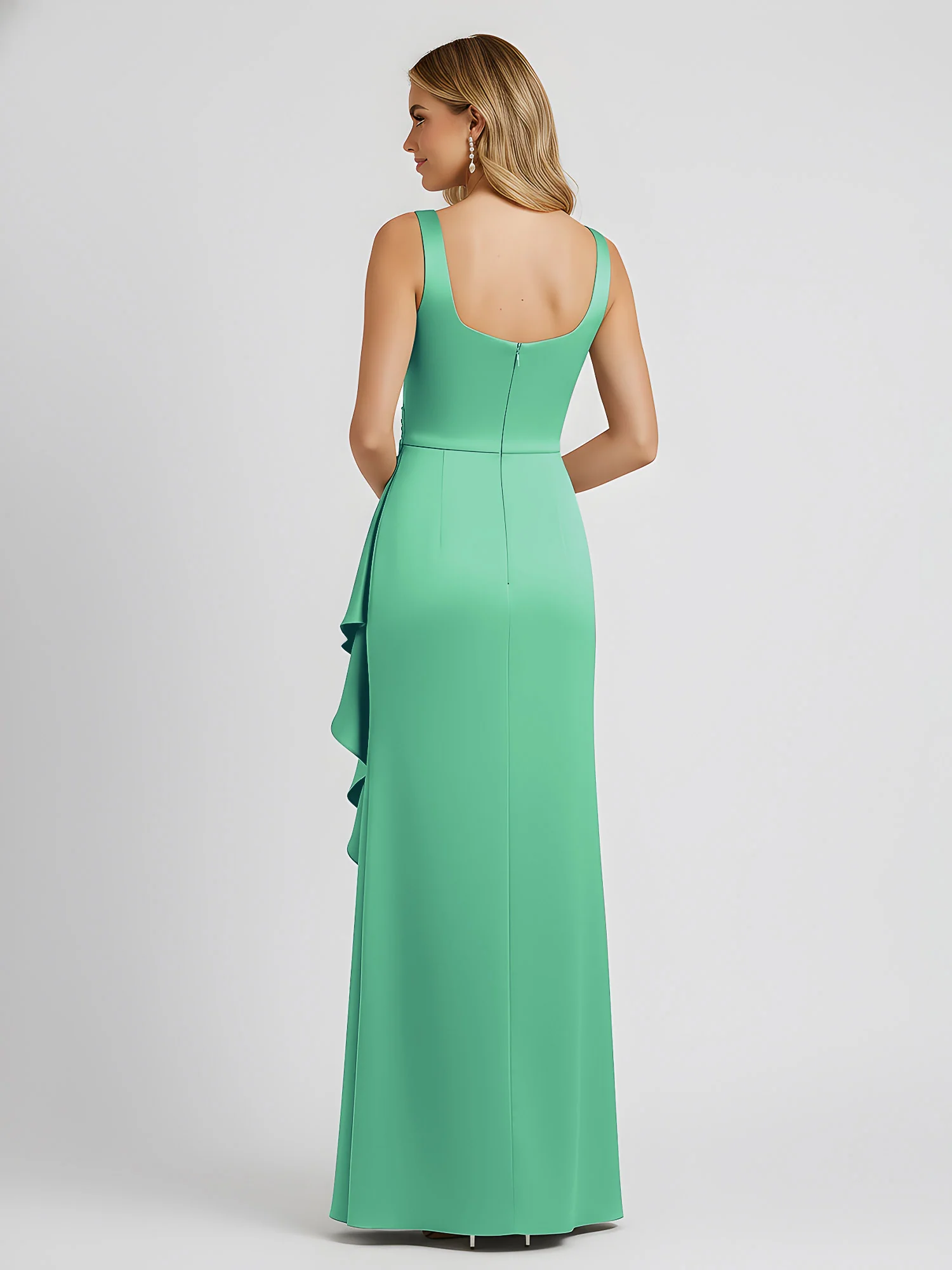 Square Neck Ruffle Slit Satin Column Gown Turquoise - Image 2