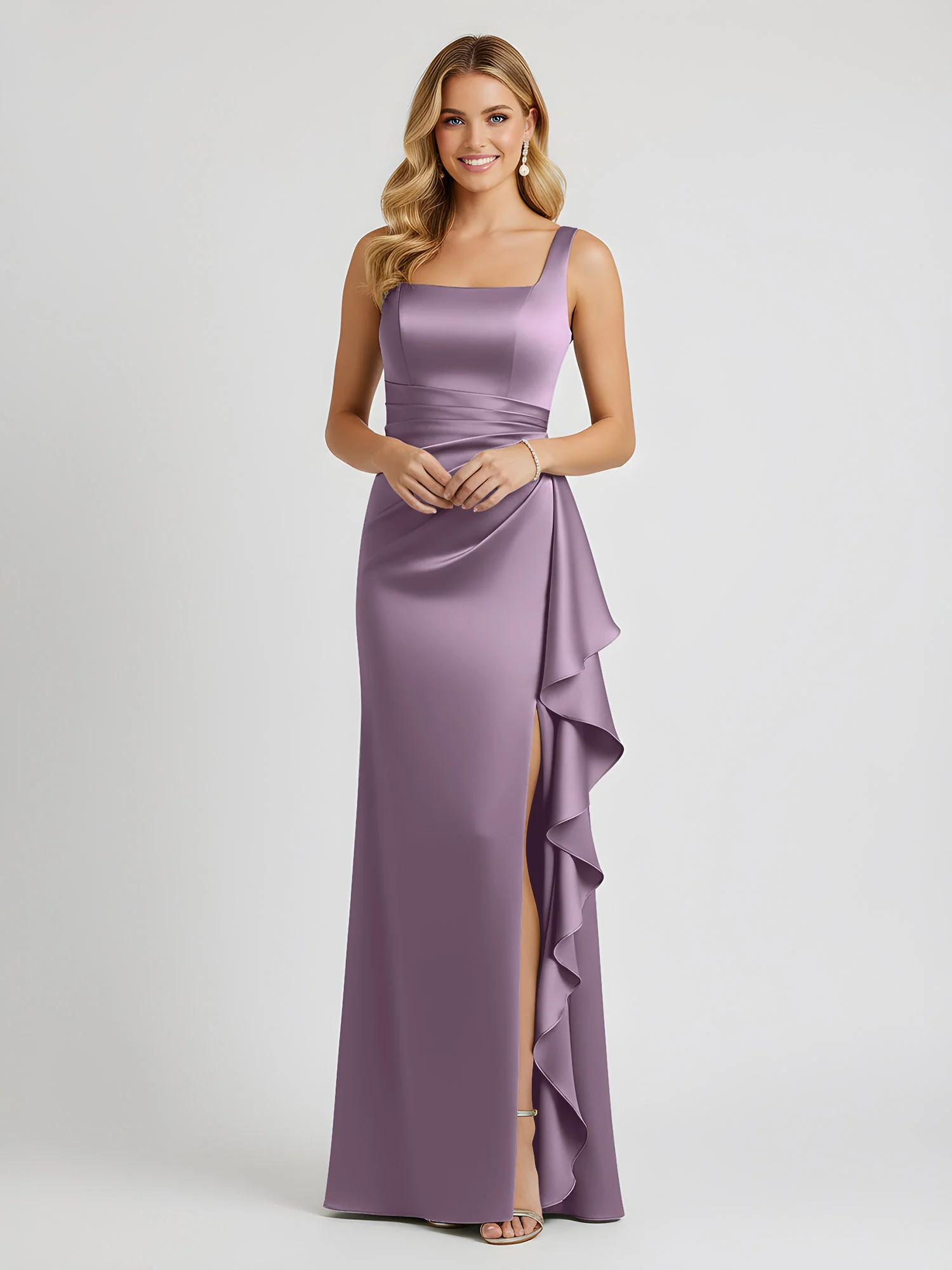 Square Neck Ruffle Slit Satin Column Gown Wisteria
